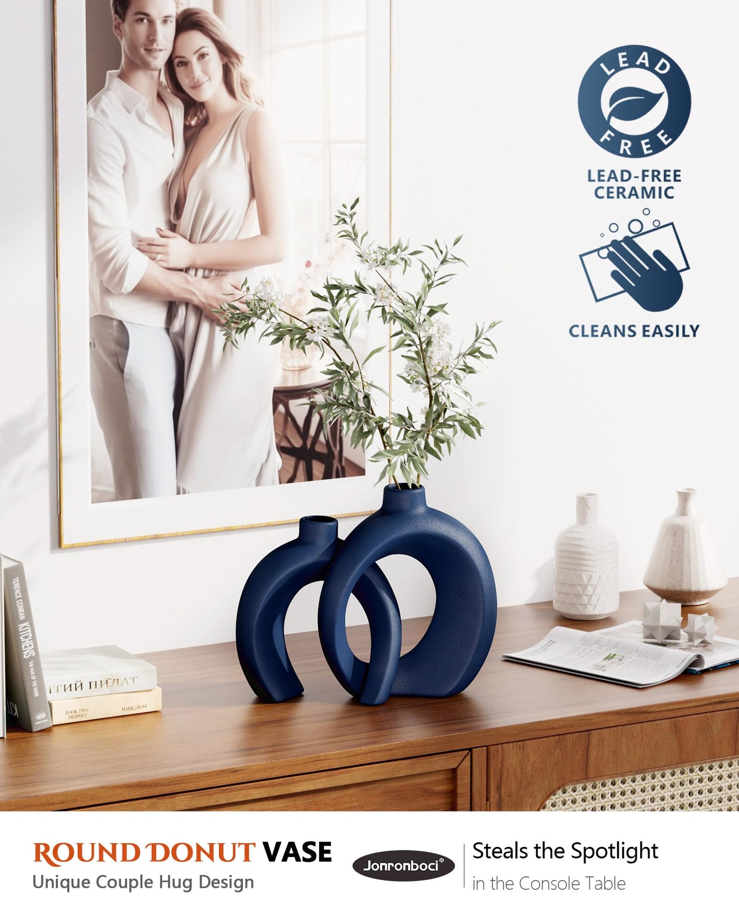 Blue Vase Set of 2 - Donut Navy Vases Home Decor, Modern Coastal Decor - Decorative Vase, Ceramic Decorations for Living Room Coffee Table Bookshelf Shelf Console Mantle (Matte Navy Blue)