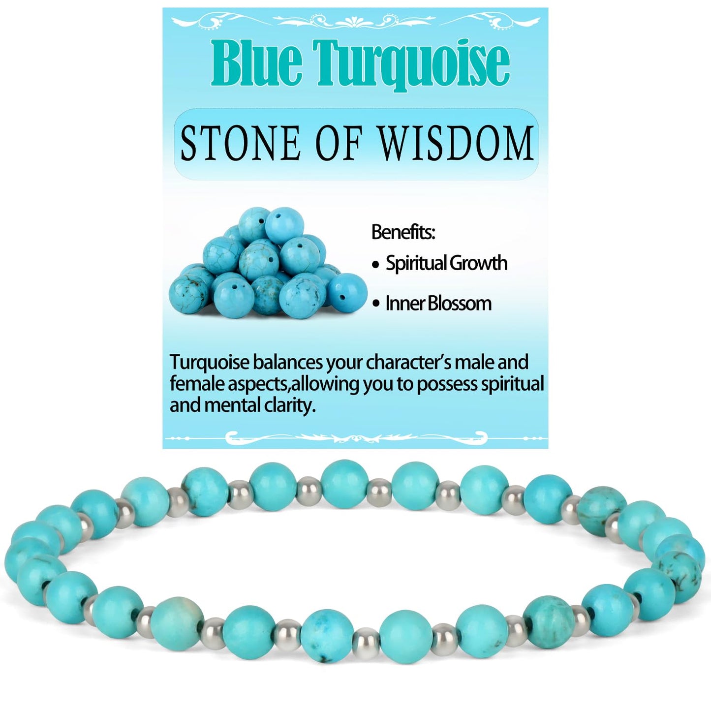 QOGIR Blue Turquoise - Stone of Wisdom - Stainless Silver Beads Natural Gemstone Stretch Elastic Dainty Healing Beaded Bracelets Gifts 4mm