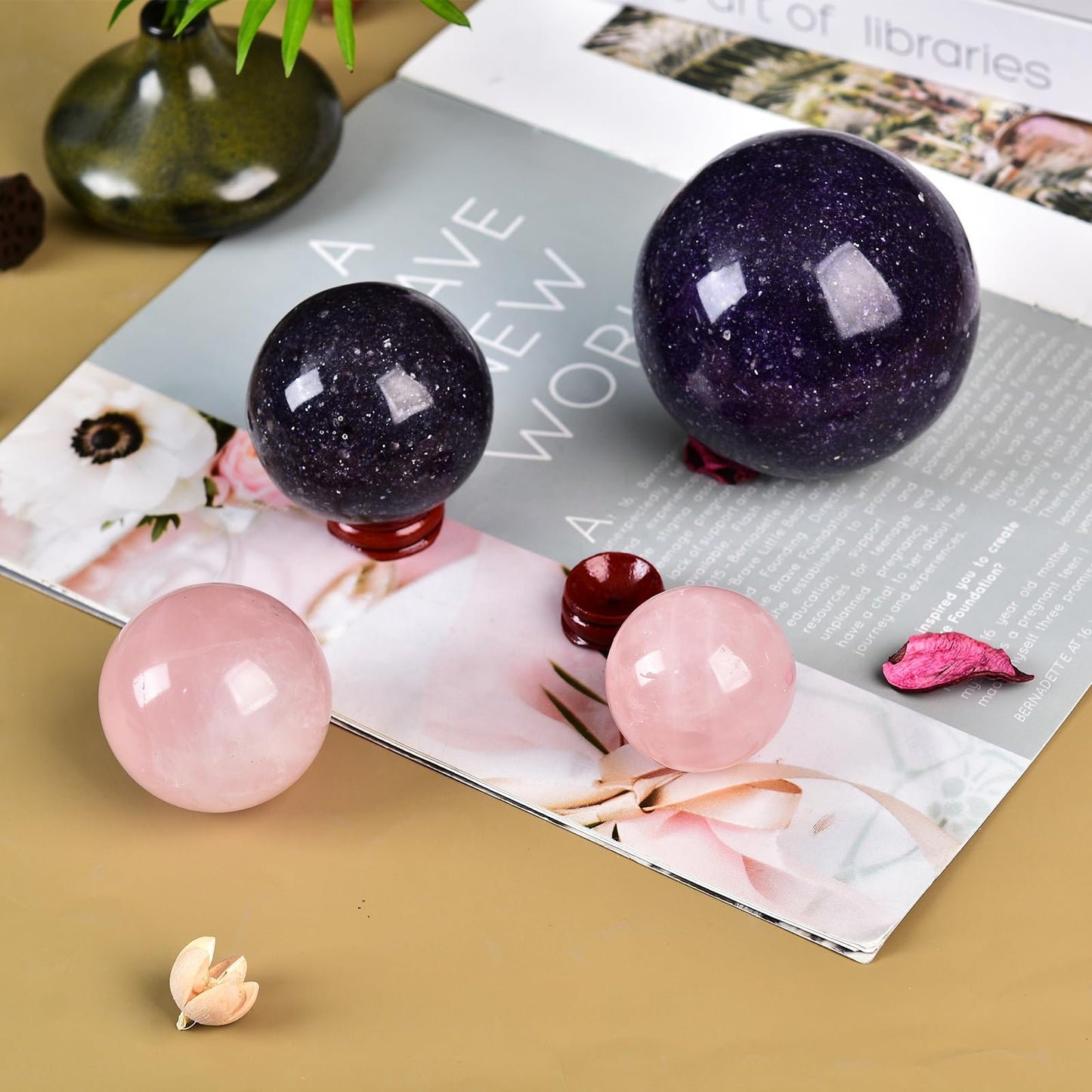 JIC Gem Natural Pink Rose Quartz Ball Sphere with Base,Class 1，5-6cm