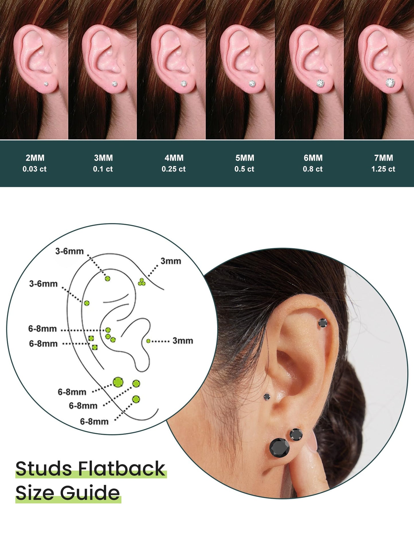 6 Pairs Stud Earrings Set Hypoallergenic Cubic Zirconia 316L Earrings Stainless Steel Earrings for Women (Black)