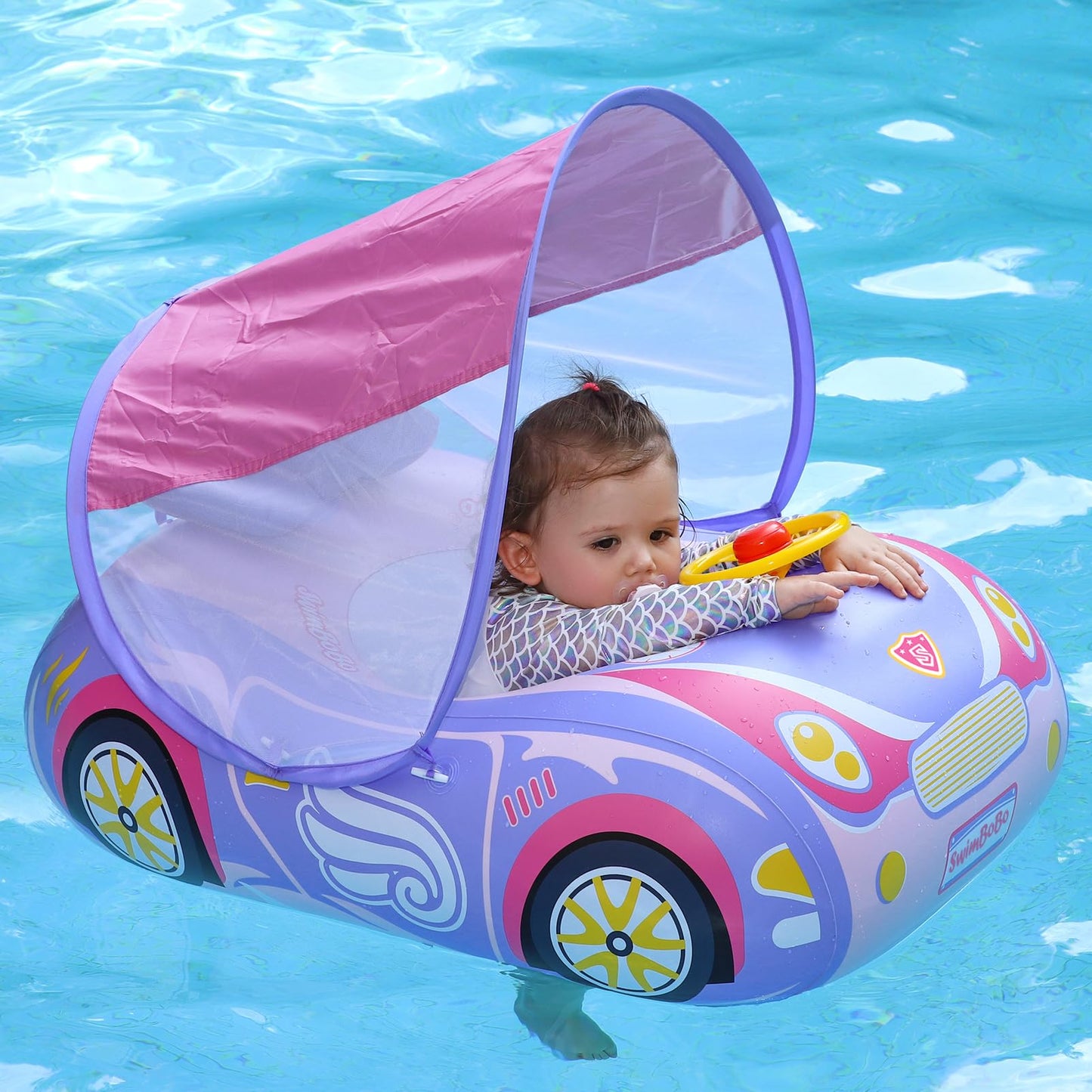 Swimbobo Toddler Pool Float Inflatable Car Baby Swim Float with Adjustable Sun Canopy and Safety Seat Pool Toys for Kids 3+ Years Old(Purple Pink Car)