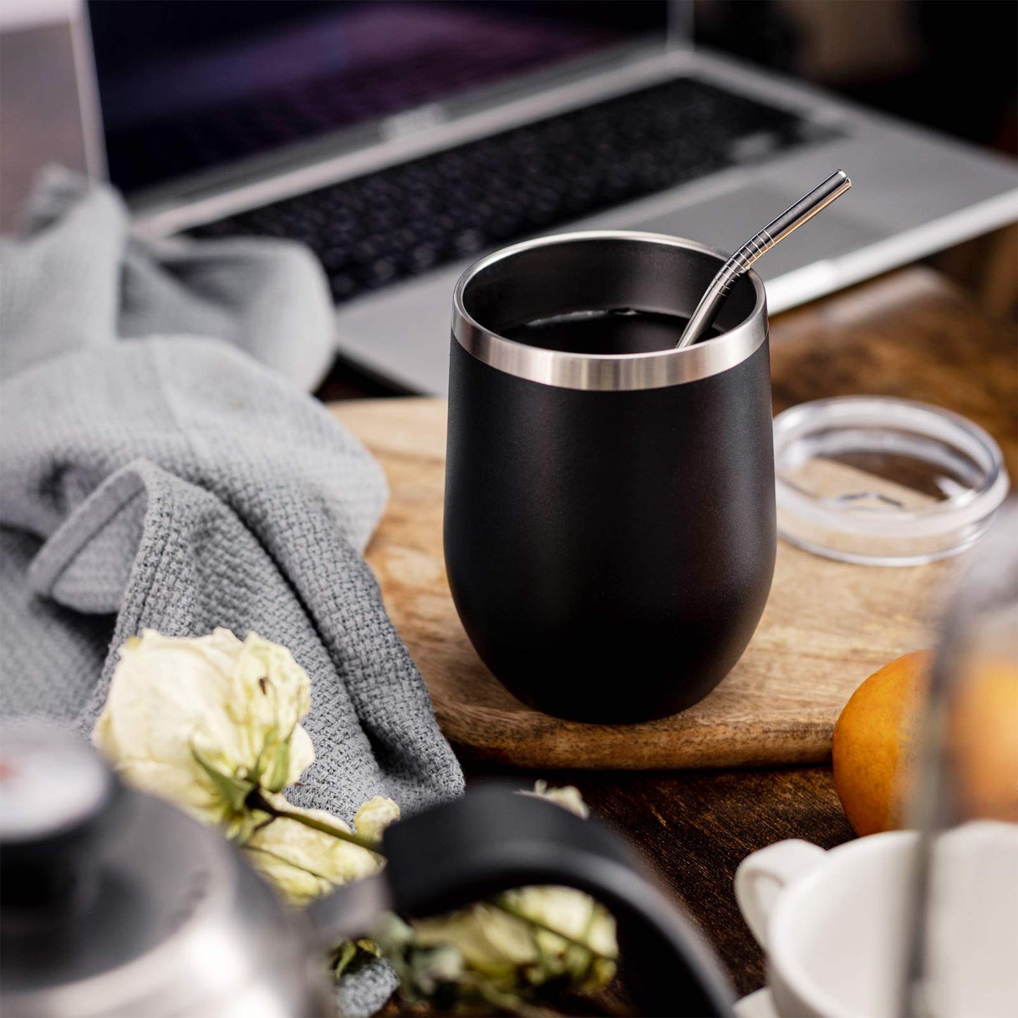 COMOOO 12oz Stainless Steel Drinking Cup - Bulk with Lid and Straw, Double Wall Vacuum Insulated, for Hot and Cold Drinks, Coffee, Cocktails, Black, 8 Pack