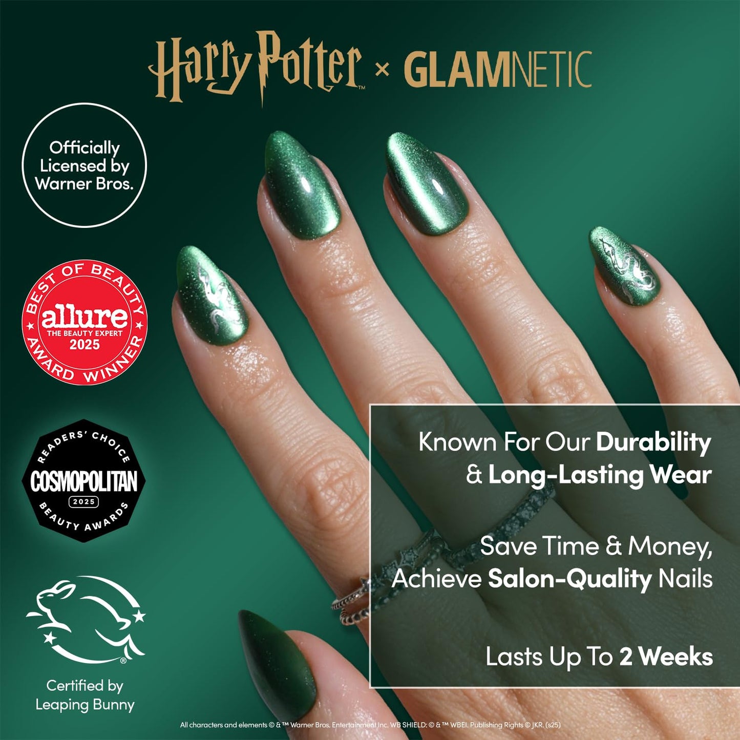 Harry Potter™ x Glamnetic Press On Nails - Slytherin™ | Green Snake Serpent Graphic Short Almond Fake Nails in a Velvet Finish | 15 Sizes - 30 Nail Kit with Glue