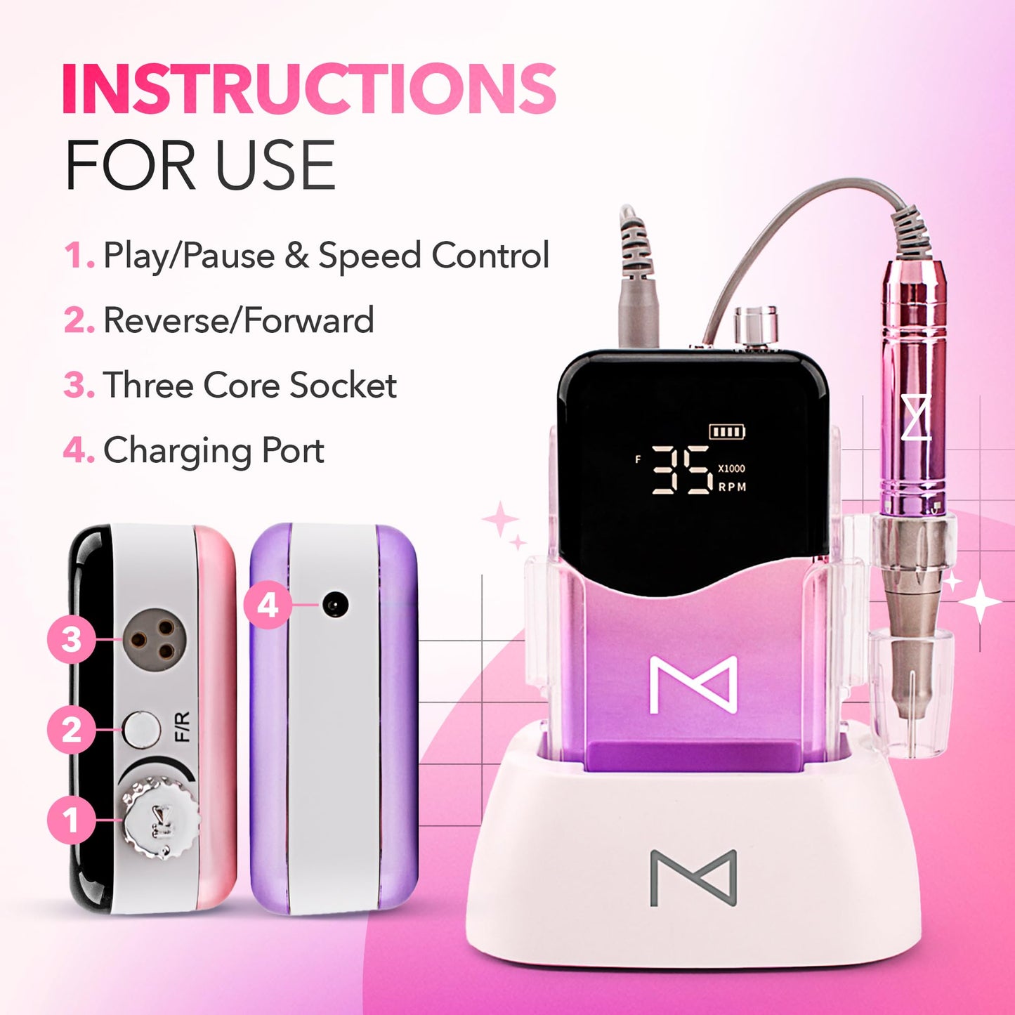 M Mase- Professional Nail Drill Machine - Coreless 2-in-1 Nail File - Electric, Cordless, 35000 RPM, HD Display - Electric Nail Drill for Professional & Home Use (Unicorn Purple)