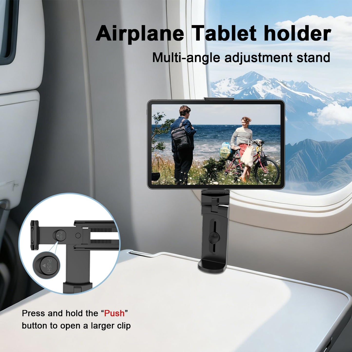 URTRY Airplane Tablet Holder Mount, 360 Degree Rotating Hands-Free Travel Stand, Universal Adjustable Clamp for Flying, Compatible with iPad/Galaxy Tab (Only Fits 7-12" Tablets)