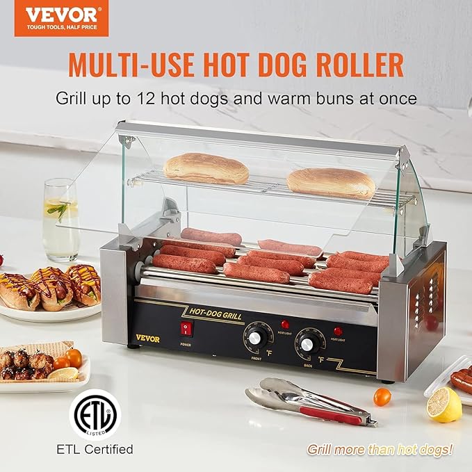 VEVOR Hot Dog Roller 5 Rollers 12 Hot Dogs Capacity, 750W Stainless Sausage Grill Cooker Machine with Dual Temp Control Glass Hood Acrylic Cover Bun Warmer Shelf Removable Oil Drip Tray ETL Certified