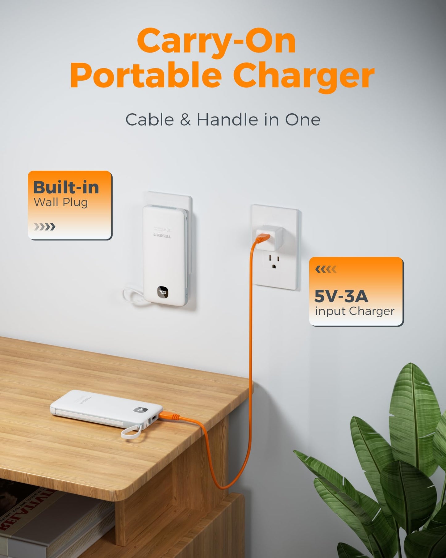 Portable Charger with Built in Cables,TESSAN 10000mAh Power Bank Fast Charging with Foldable Wall Plug Charger, PD20W Compact Battery Pack Travel Essentials for iPhone 17/16/15 Series,Samsung,Tablets