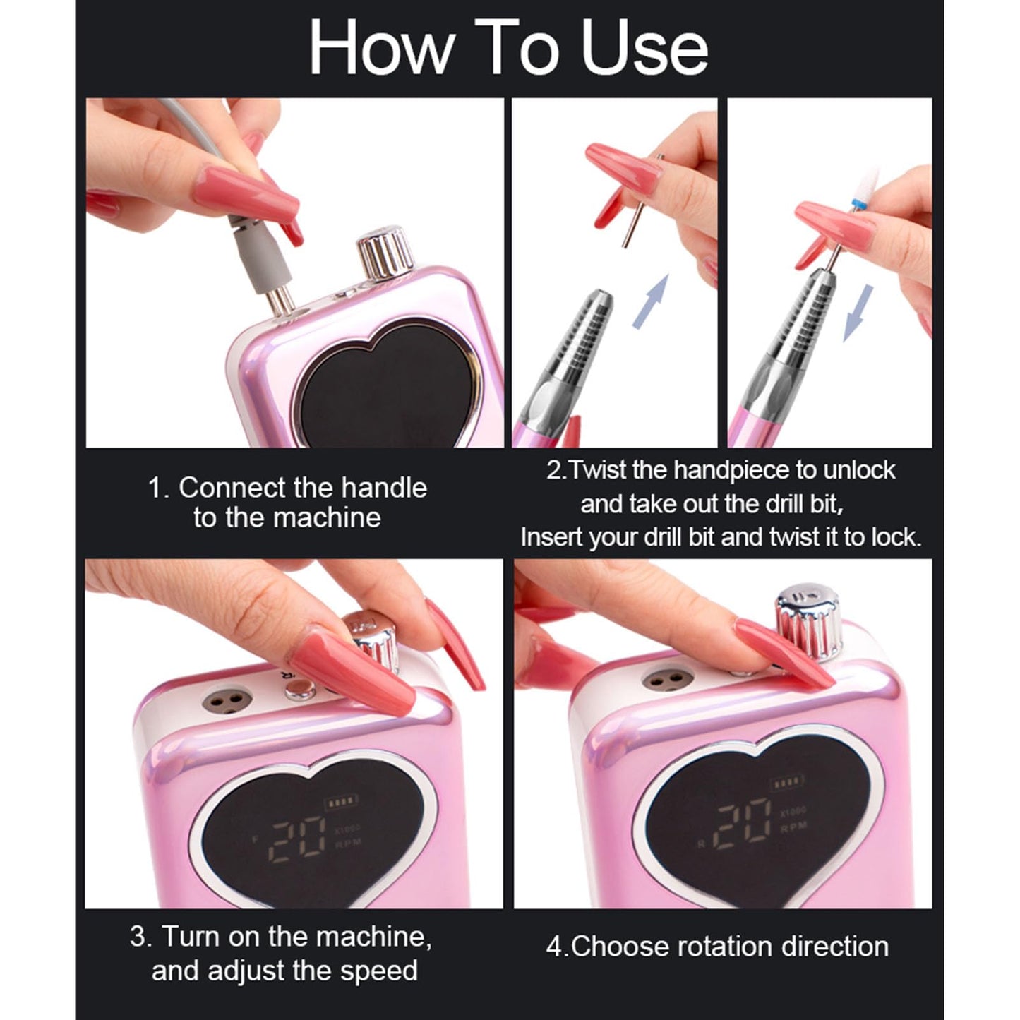 Luocute Electric Nail File, Professional Nail Drill Machine 35000 RPM Rechargeable Cordless with 6 Professional Bits LCD Display for Acrylic Gel Nails Manicure (US Plug)