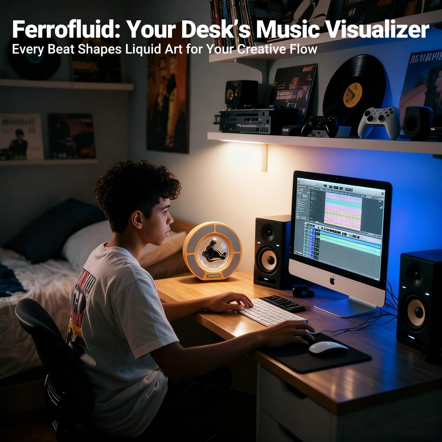 Ferrofluid Sound Visualizer, Dancing Ferrofluid Speaker Music Mate, Audio Visualizer Desk Art with Lamp, Valentines Day Gifts for Her/Him - Desk, Bedroom & Office Display (No Speaker) (Loop Tube)
