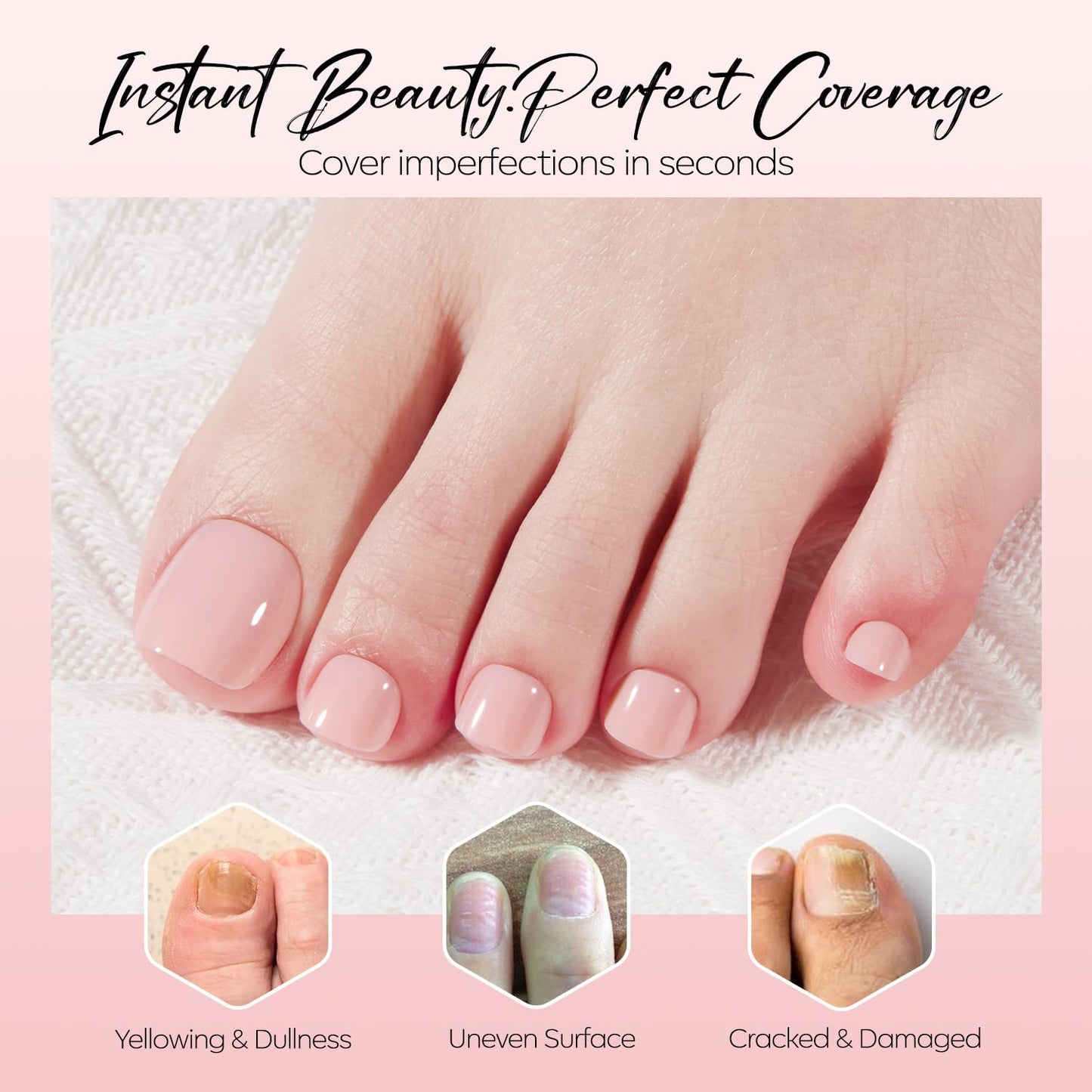 Modelones Press on Toenails Short, Soft Pink Toe Press on Nails Square, Reusable Nail Kit with Nail Glue Adhesive Tabs Mini Nail File, Toe Nails 36Pcs 18Sizes, Spring Summer Women Girl Gift