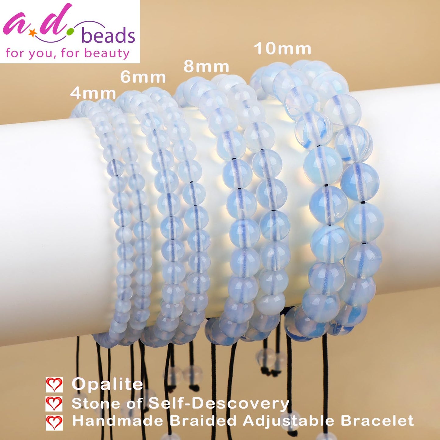 AD Beads 4mm Opalite - Self-Descovery - Handmade Natural Stone Crystal Bracelet with Adjustable Macrame String - Yoga Healing Power Energy Gifts for Men and Women
