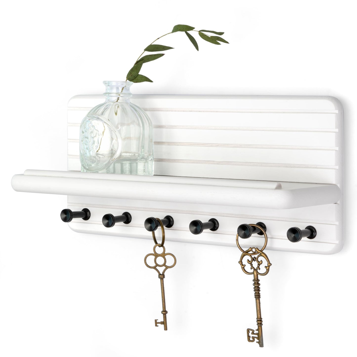 Rebee Vision Decorative Key Holder Wall Mount for Home Organization – 11-inch Pine Wooden Key Holder for Wall with 6 Hooks & Floating Shelf - Modern Farmhouse Home Decor (White)