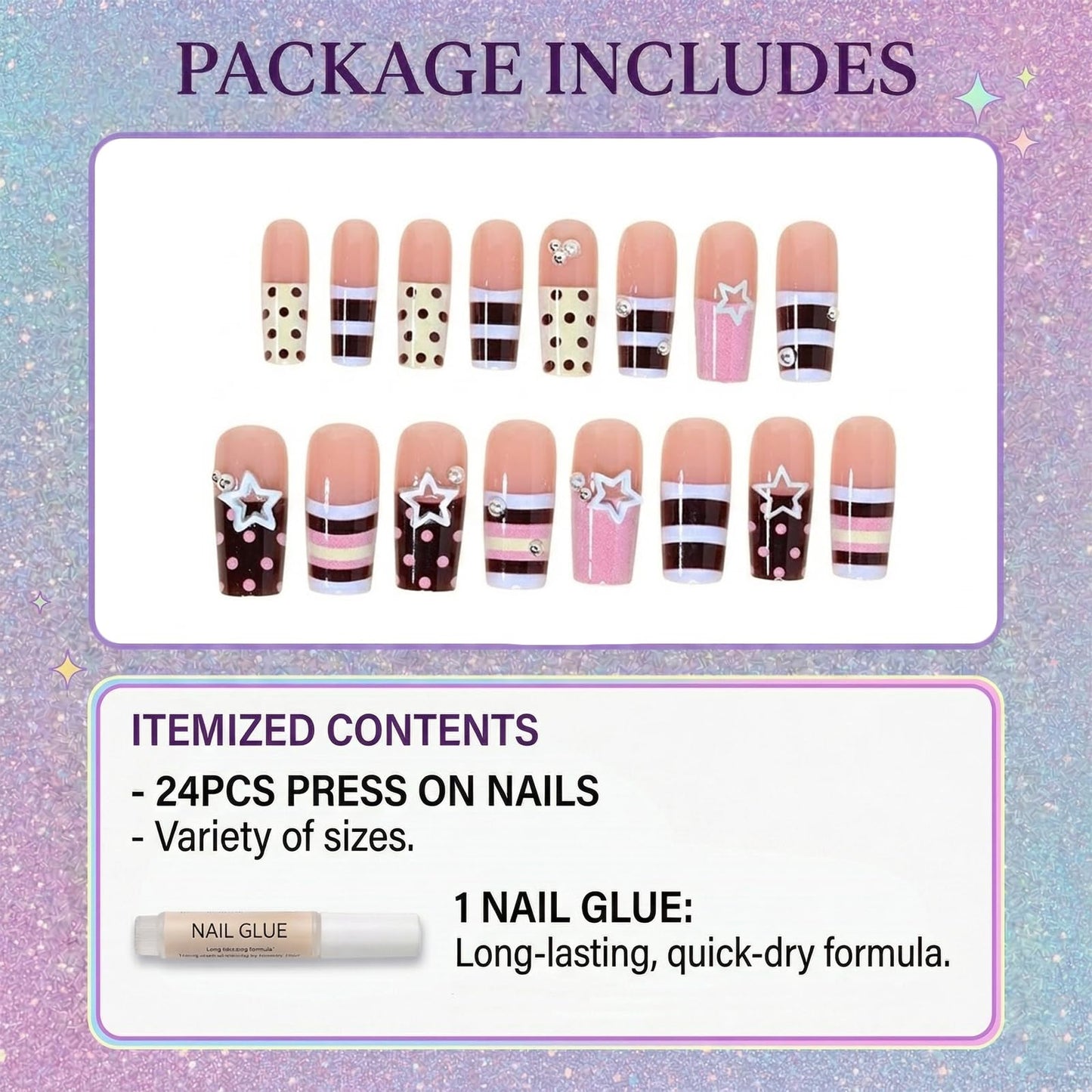 IMSOHOT Square Press on Nails, Long Fake Nails, Pink Black Polka Dot 3D Star Design, 24 Pcs Reusable Glue on Nails for Women, Salon Quality