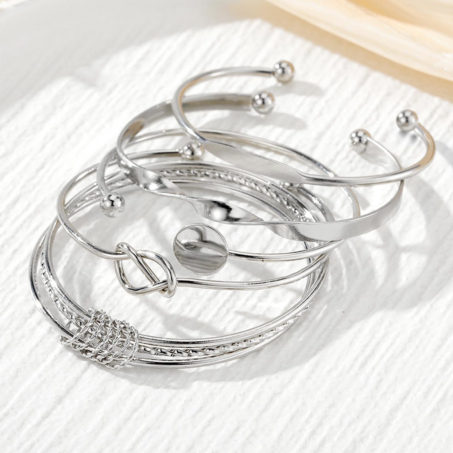 IFKM Silver Bangles Bracelets For Women, Silver Plated Multi Layer Stackable Cuff Bracelet Set, Trendy Elegance Charms Non Tarnish Minimalist Textured Boho Jewelry Gift for Women