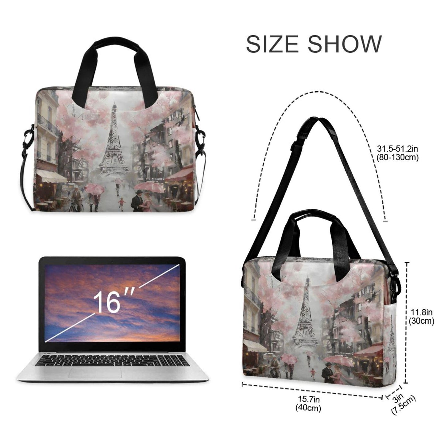ALAZA Art Paris Eiffel Tower Laptop Case Bag Sleeve Portable Crossbody Messenger Briefcase w/Strap Handle, 13 14 15.6 inch