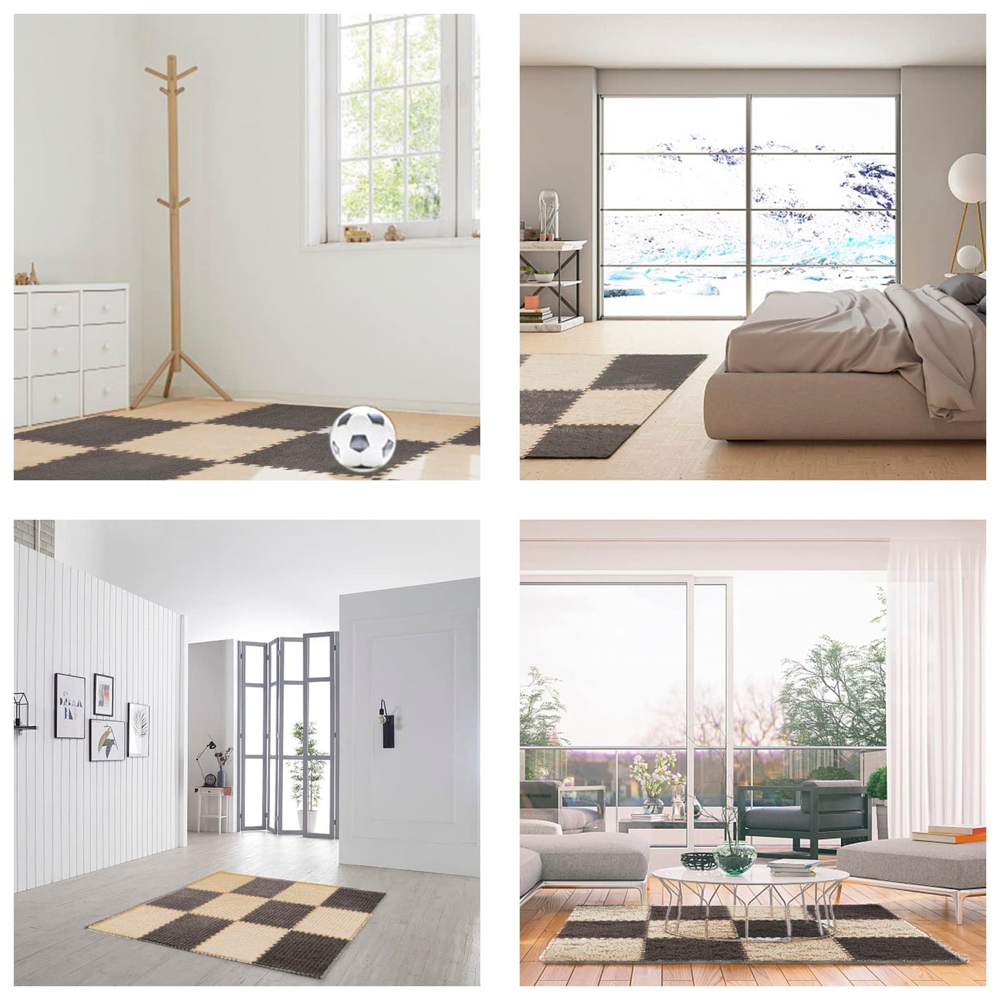 12 pcs Thickened Plush Interlocking Floor Mat 0.6" Thick- Fluffy Square Tiles with 12 Edgings Soft Anti-Slip Puzzle Area Rug Playmat for Room (11.8", Gray & Light Brown)