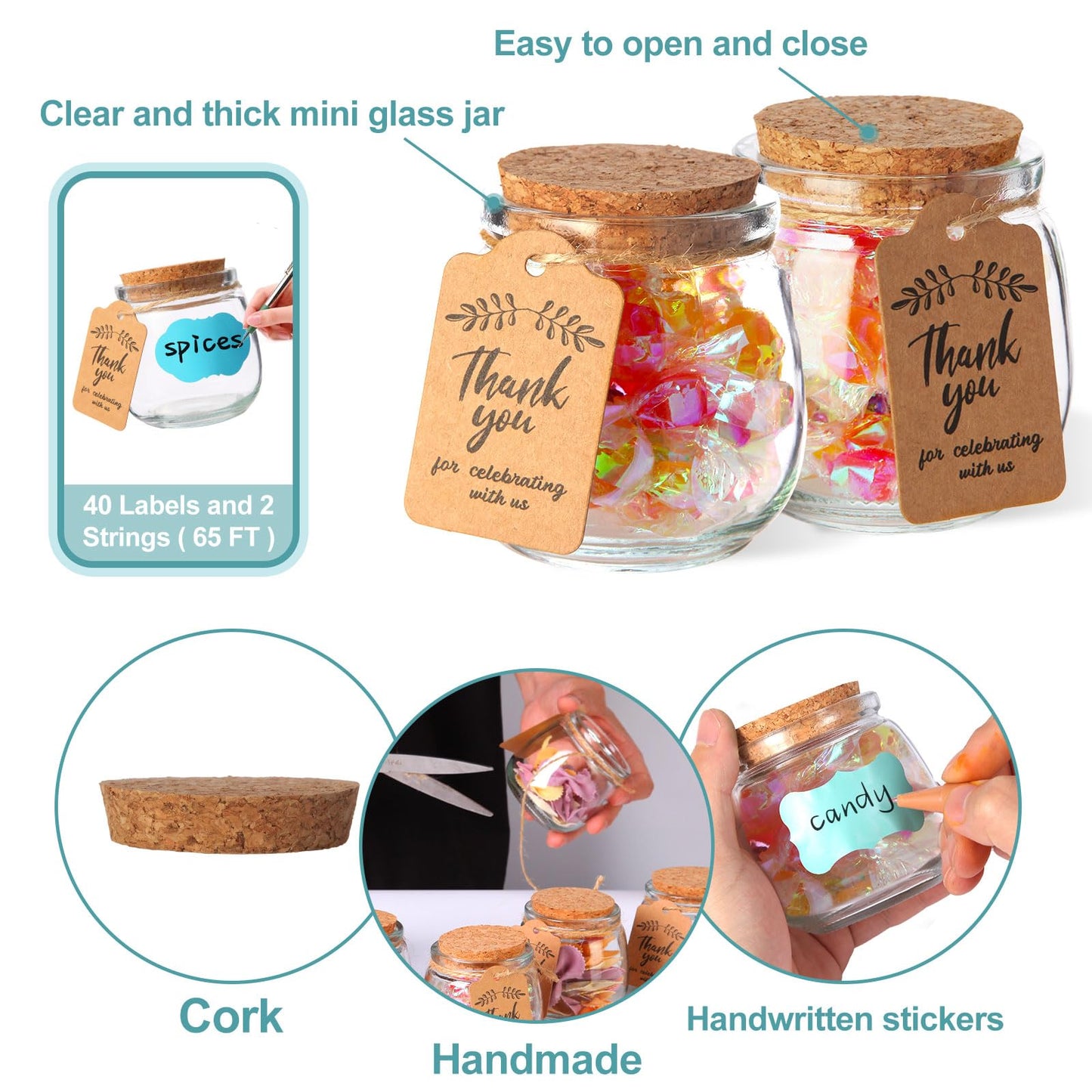 AIXIANG 20 Set 7oz Glass Jars with Cork Lid & Airtight Seal - Rustic Wedding Favors, Baby Shower Gifts, Candy & Spice Storage - Includes Twine, Labels (Multi-Purpose, Eco-Friendly)