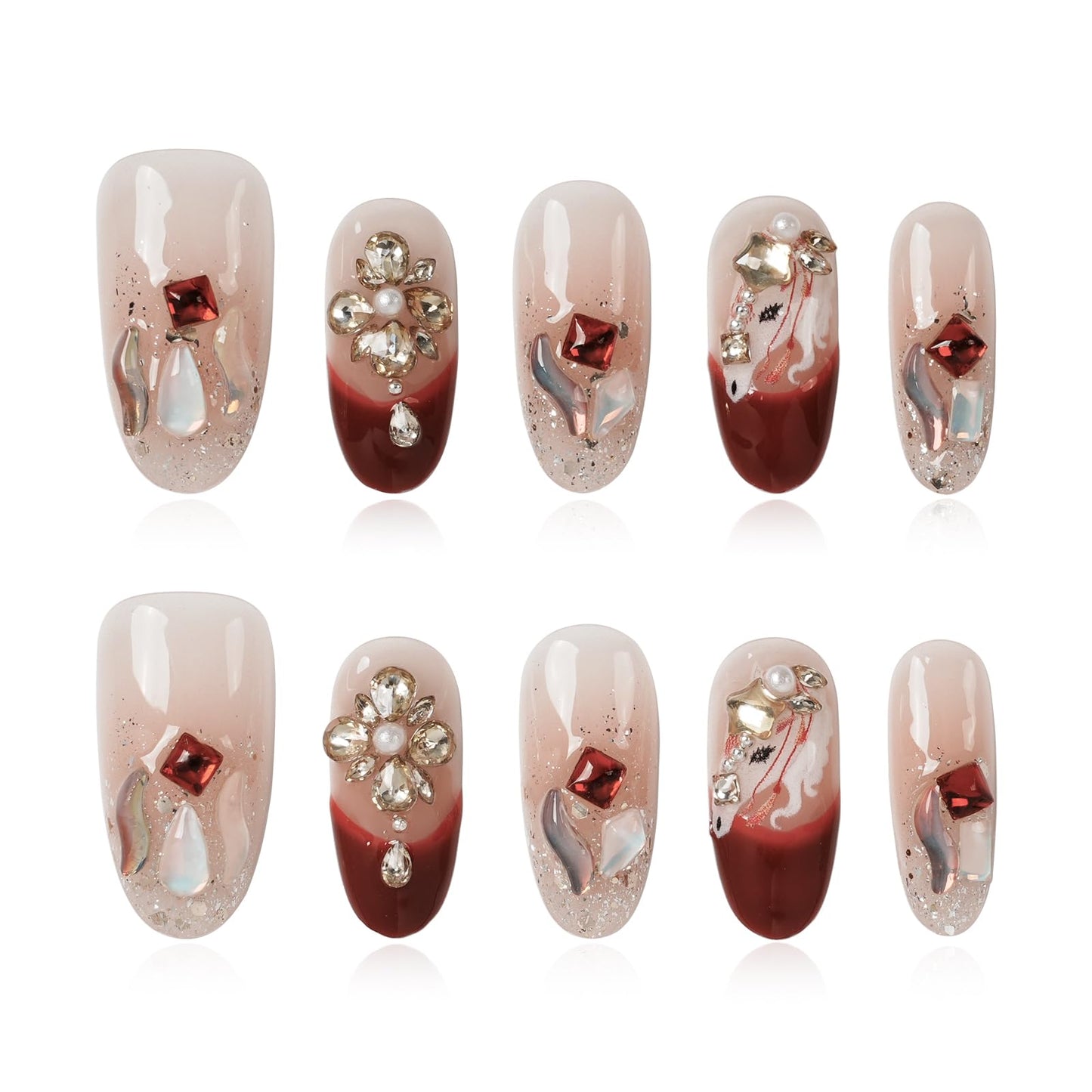 Tesytto Handmade Press on Nails Almond Shape Glossy Reusable False Nails for Nail Art (Crimson Crystal Butterfly Glow, M)