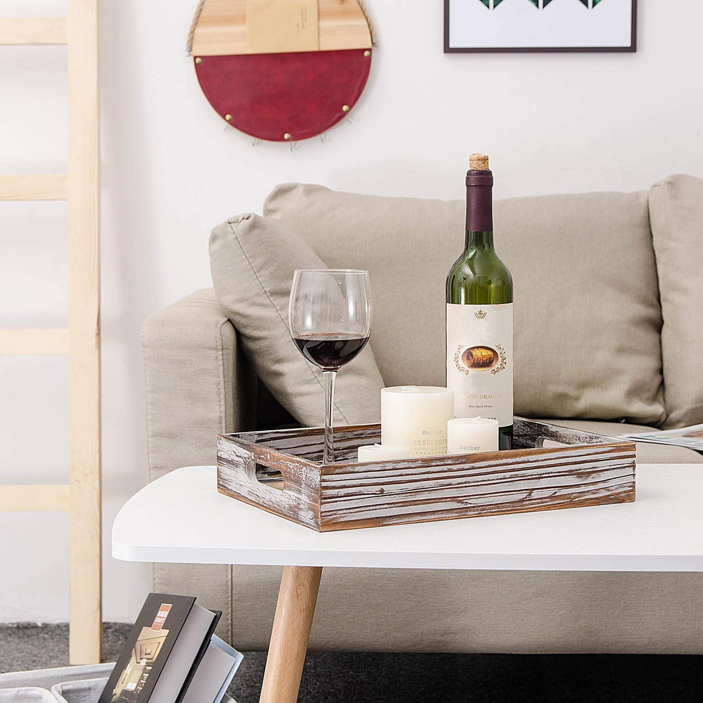 ExoLiry Rustic Whitewashed Wood Food Serving Tray Cutout Carrying Handles Breakfast in Bed Coffee Platter Table Wine Brown Rectangular Nesting Crate Desktop Document Holder Office Home Kitchen