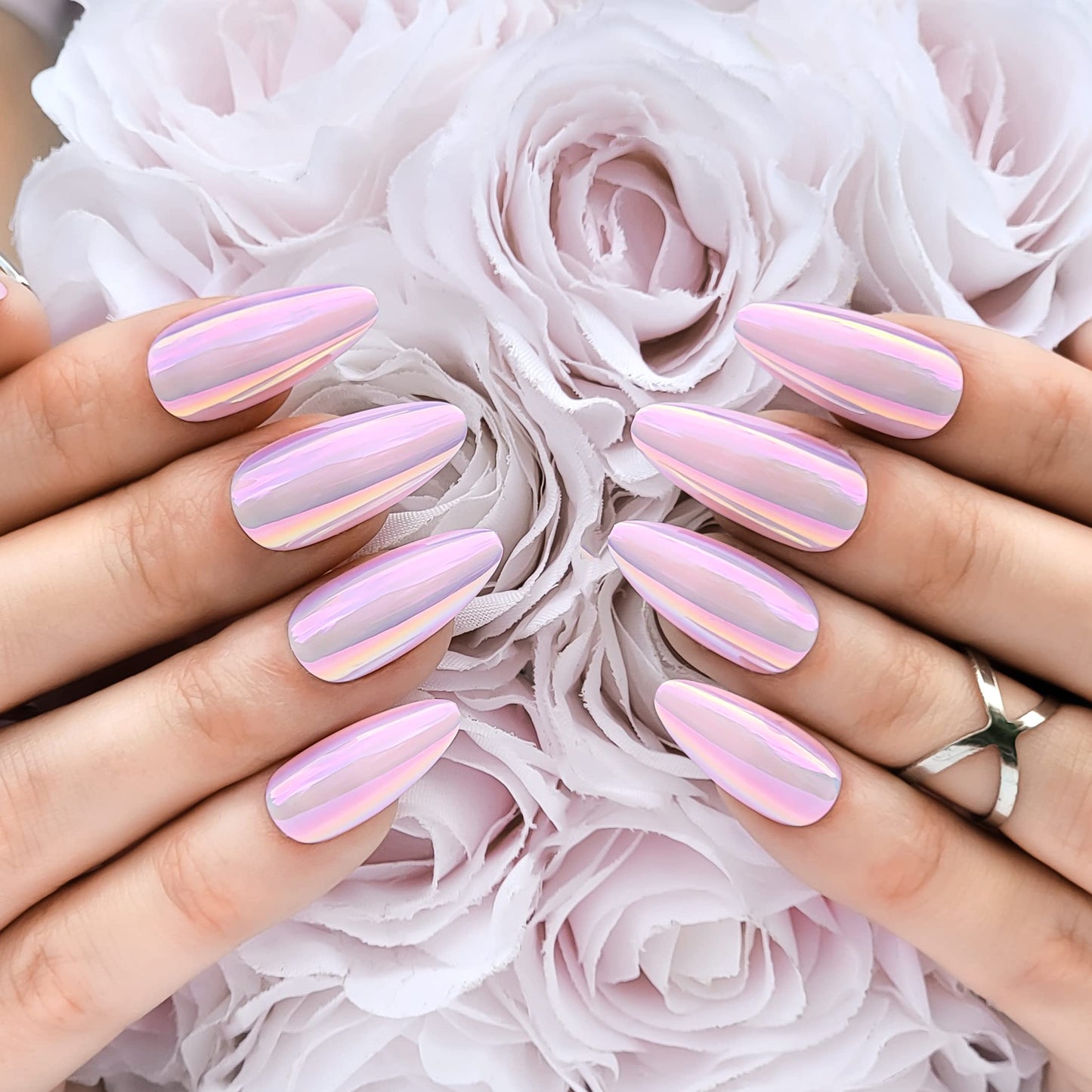 Hypnaughty Press On Nails - Party Star Coffin & Light Pink Almond Chrome, Trendy & Salon Quality Reusable Nails With Kit