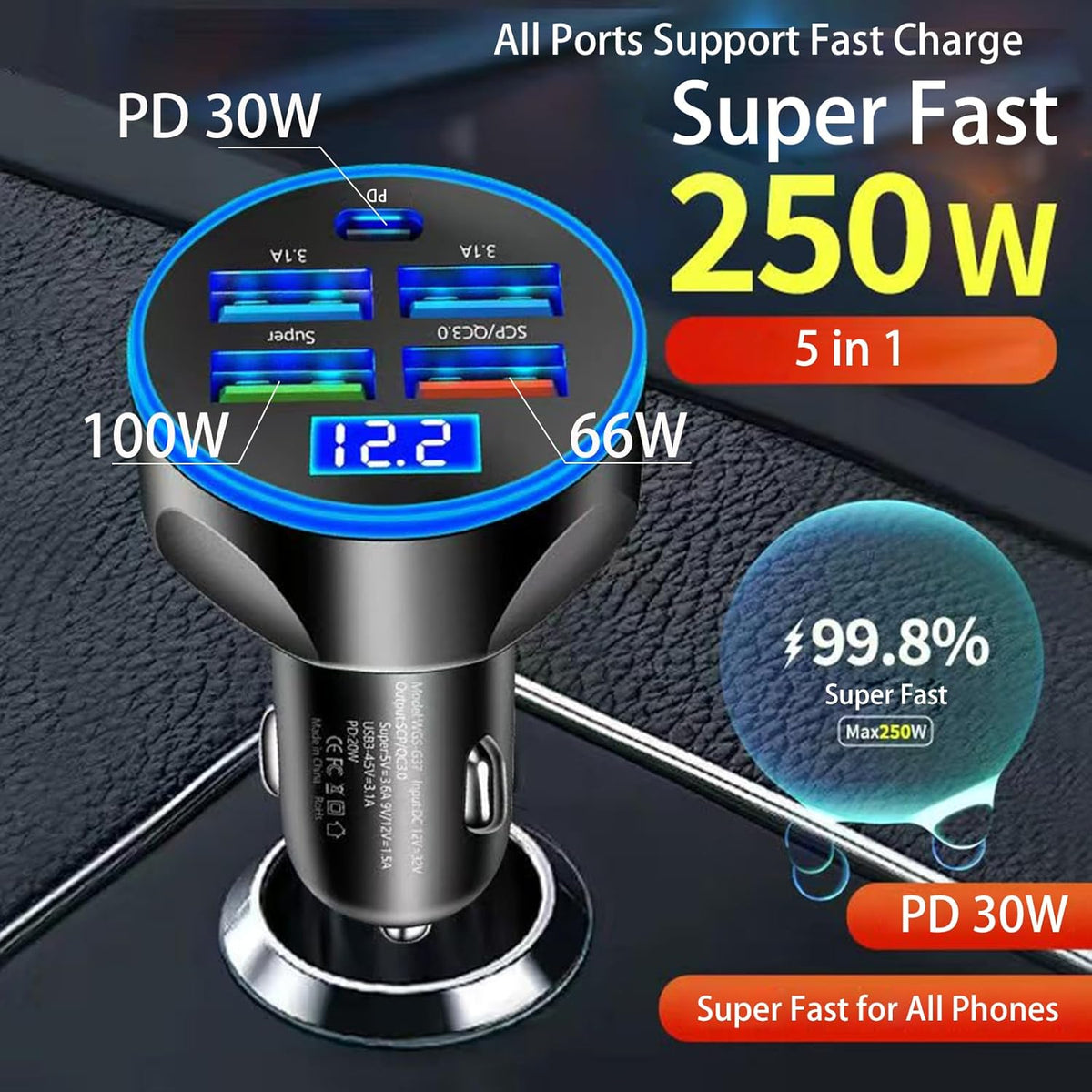 Multi Port USB C Car Phone Charger with Voltage Display Real PD 30W Super Fast Cigarette Lighter USB-C Charger Adapter for MacBook iPhone 16/15/14/13/12 Galaxy Android Phones