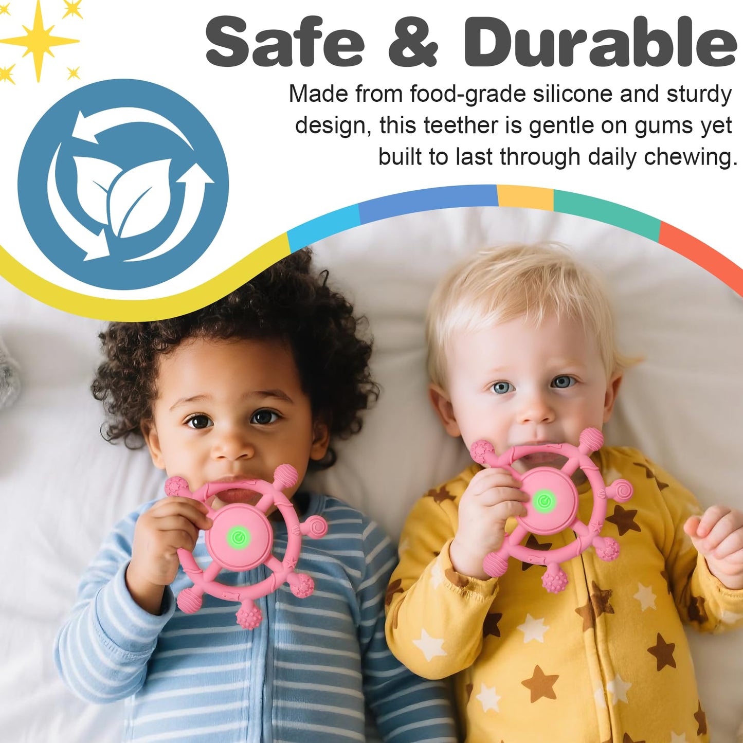 YOFUN 3-Speed Vibrating Baby Teether – Soothing Silicone Teething Toy for Infants 3M+, Food-Grade, USB Rechargeable – Soft & Safe Gum Relief for Babies (Pink)