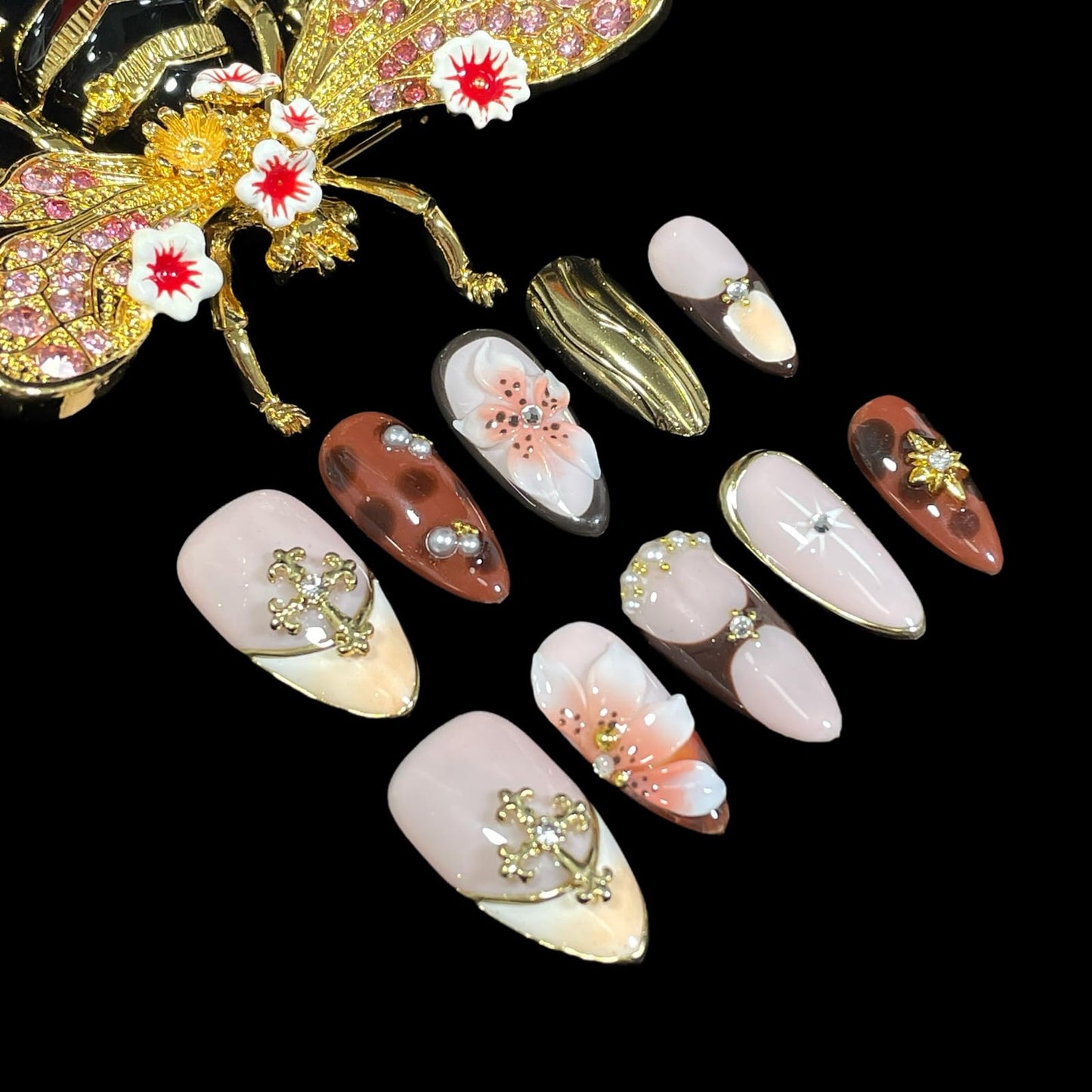 Handmade Press On Nails Medium Almond 10 Unique 3D Floral Designs Gold Filigree Crosses Caramel-Brown & Peach Blossoms | Reusable Acrylic False Nails for Women (Brown, S)