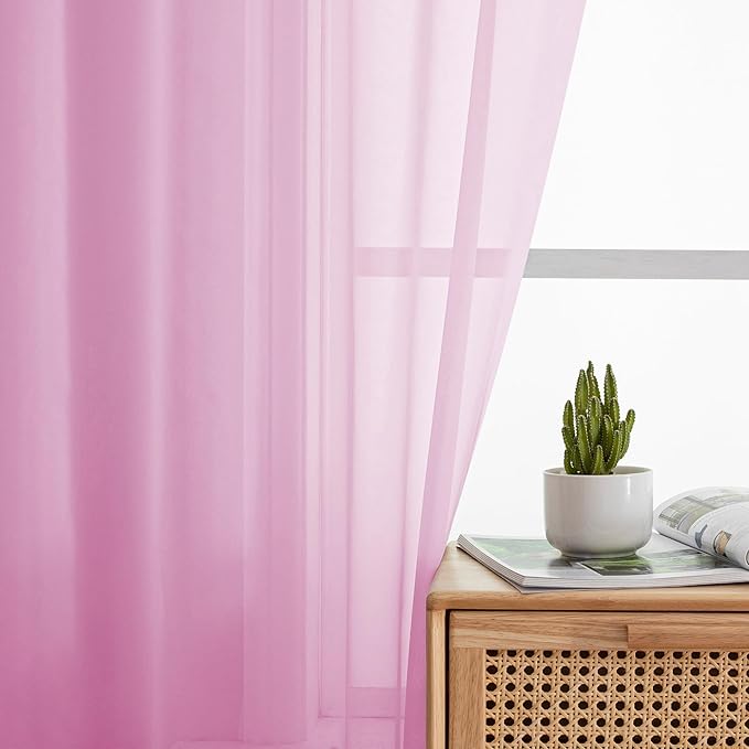 Simplebrand Pink Short Sheer Curtains 45 Inch Length for Small Windows, Rod Pocket 2 Panels Set Solid Voile Drapes Window Sheer Curtains for Bedroom Bathroom Kids Room Kitchen, 42x45 Inch, 2pcs