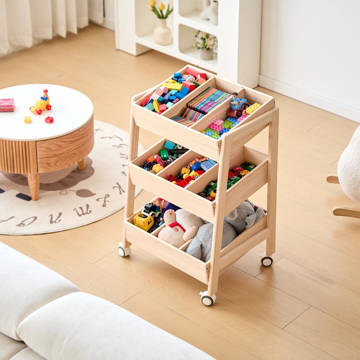 HaoGZMZFCL 3 Tier Wooden Toy Storage Organizer with Wheels for Toy Book Wood Storage Rack Open Display Shelf Kids Gift Natural