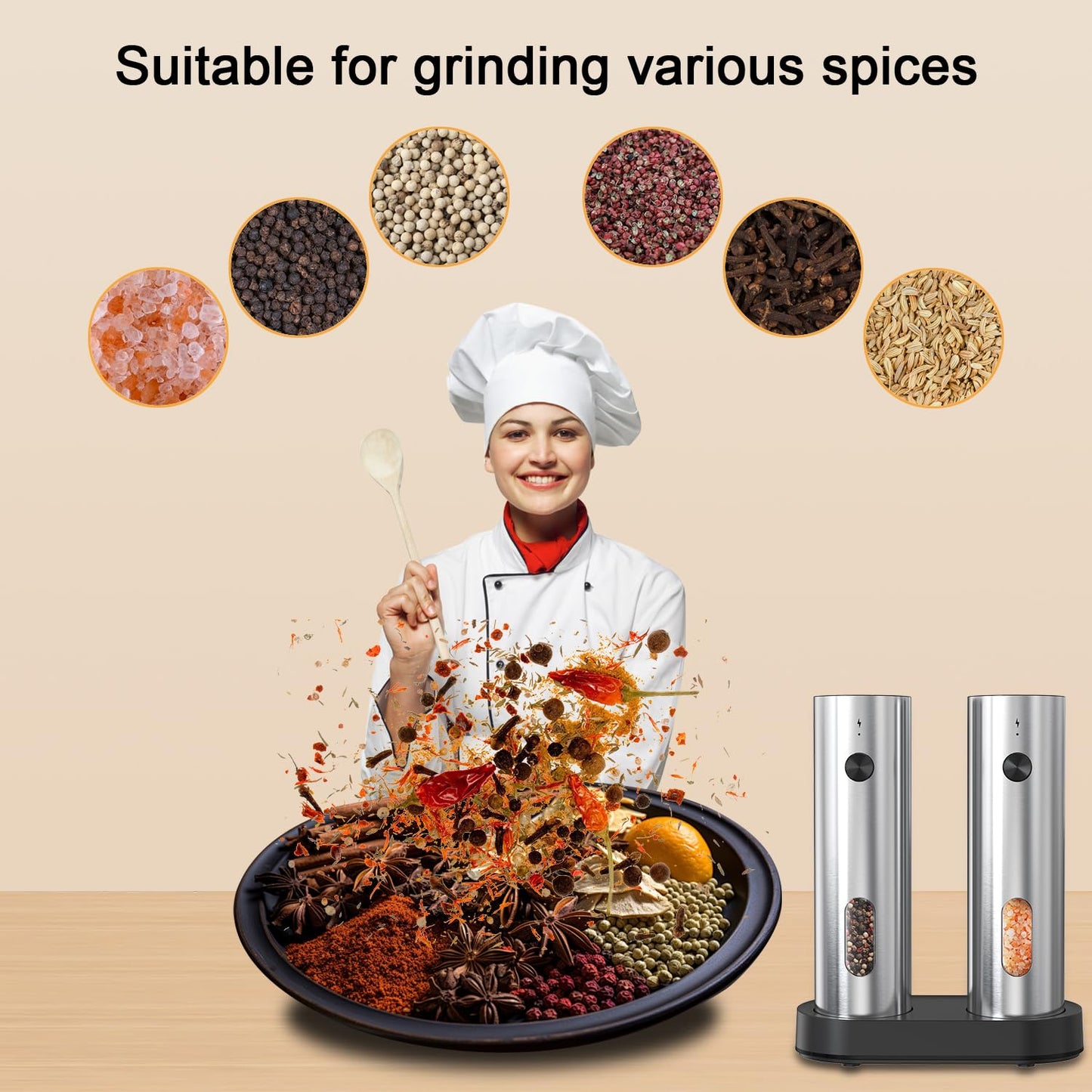 Electric Salt and Pepper Grinder Set with Charging Base,Stainless Steel Automatic Pepper Grinder Set Top-Refill,Flexible Coarsenes,110ml Larger Capacity with LED Light for Home Kitchen (2 pack)