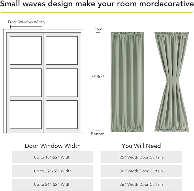 NICETOWN 100% Blackout Door Curtain for French Front Door with Adjustable Tieback, Thermal Insulated Privacy Room Darkening Window Covering for Kitchen Christmas Decor, W30 x L72, 1 Panel, Sage Green