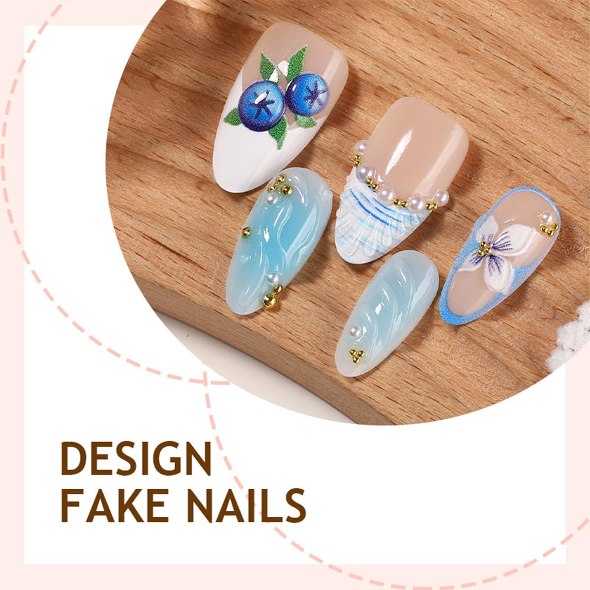 30Pcs Handmade Press on Nails Medium Almond False Nails 3D Ocean Wave Blueberry Floral Shell Design French Tip Fake Nails with Pearls Rhinestones Glossy Full Cover Acrylic Stick on Nails for Women