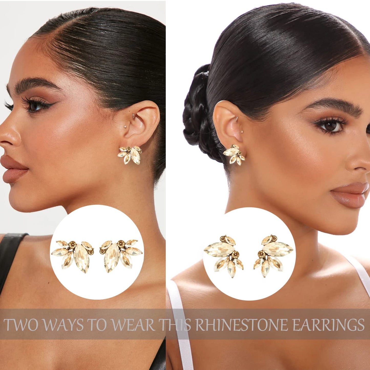 Champagne Rhinestone Earring Sparkly Faux Crystal Stud Earrings for Women Wedding Prom Party