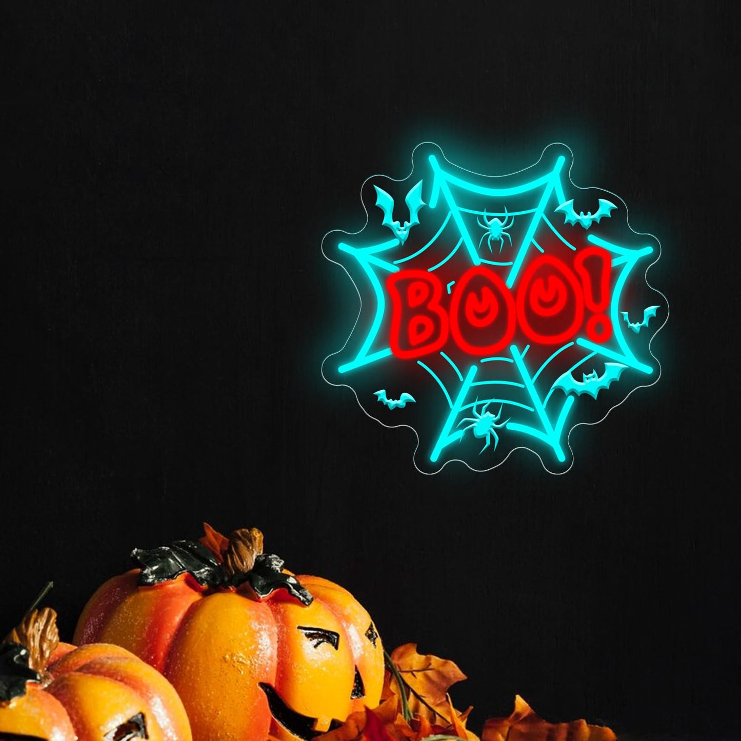 Boo Neon Sign Halloween Decors Spider Web LED Light Bats Decors Boo Dripping Sign Spooky Haunted House Party Wall Art, Ice Blue+Red, 13.8"x13.2"