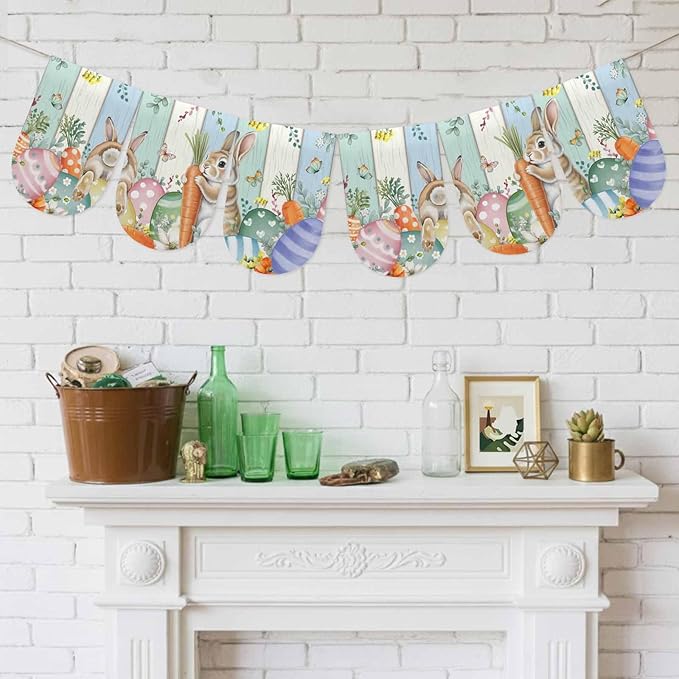 Easter Banner 3Pcs Indoor Outdoor Hanging Banner Flag Spring Rabbit Eucalyptus Leaves Eggs Wooden Sign for Fireplace Mantel Decorative Bunting Garland Valance for Shop Door Mantle Decor 9.8"x15.8"