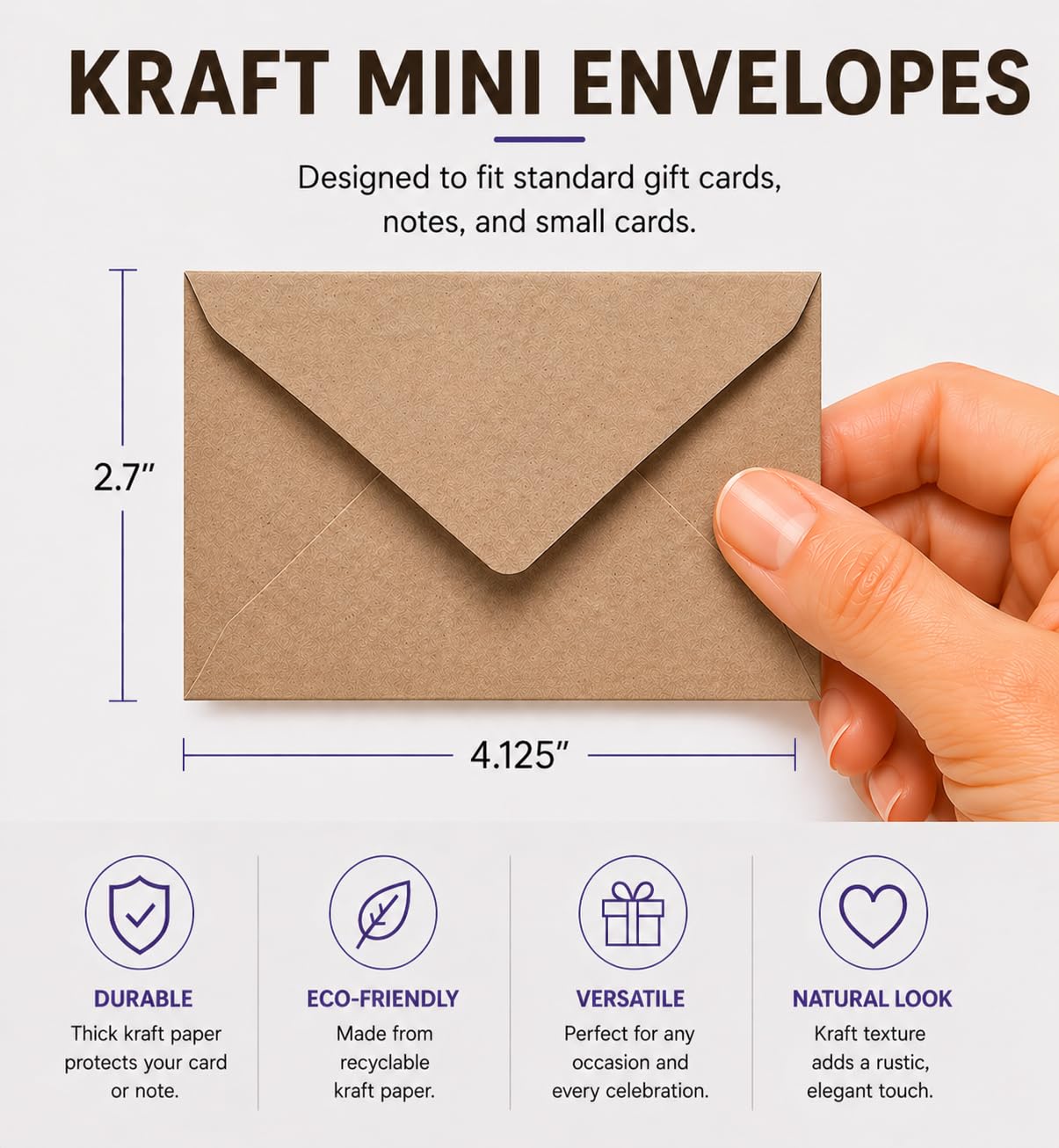 Kraft Mini Envelopes Brown Kraft Gummed Envelopes for Gift Cards and Business Cards (4"x2.75" 60 Pack)