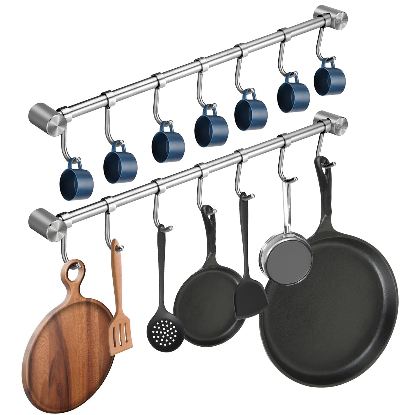 Pot Hangers 2 Pack - 16 Inch Wall Mount Or Under Cabinet Hanging Bars With 7 Sliding Hooks Per Rods, Heavy Duty Pot Rack Kitchen Organizer 304 Stainless Steel Utensil Hanger Versatile Space Saving
