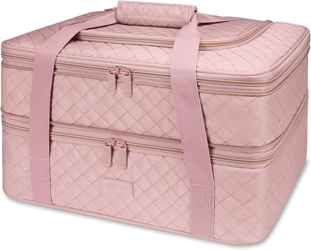 Vuudh Quilted Double Decker Casserole Carrier - Expandable Dish Carrying Case for Hot or Cold Food, Lasagna Holder for Potluck Parties, Picnic, Beach, Fits 9"×13" Baking Dish (Pink)