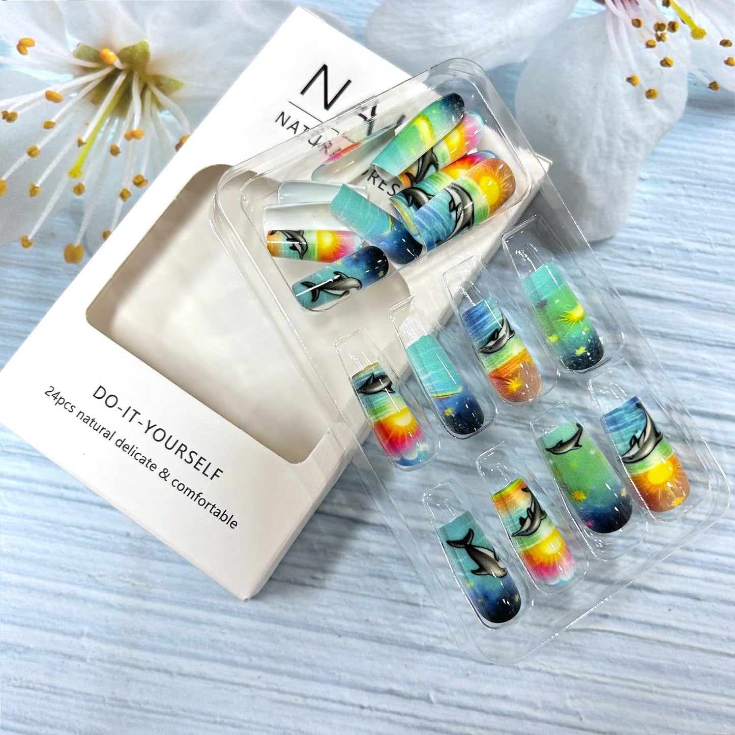 Dolphin Press on Nails Medium Ballet Shaped Sunset Waves Pattern Design Beach Artificial Fingernails Full Cover Glossy Ocean Acrylic Fake Nail Medium Press Ons Stick on Nails for Women 24Pcs