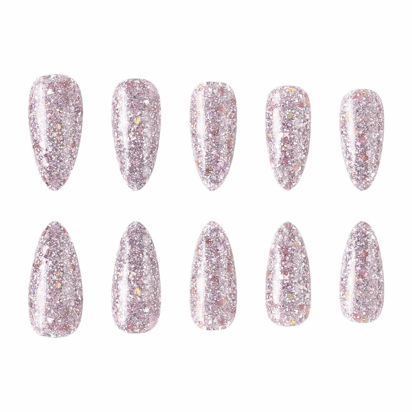 IMRAIN Glitter Press on Nails Medium Almond Pink Fake Nails Glossy Glue on Acrylic Nails Full Cover Sparkling Artificial False Nails for Women Girls 24Pcs