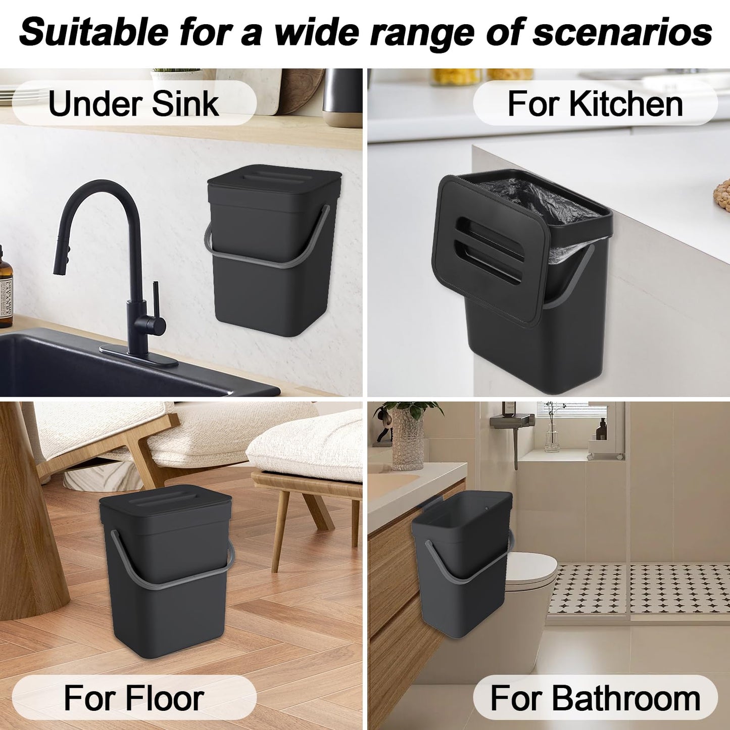 Compost Bin Kitchen, Includes 100 Trash Bags, Hanging Trash Can with Lid, Features Pet-Proof, Odor-Proof, and Quiet Opening/Closing. Suitable for Bathrooms/Bedrooms/Offices (Black, 0.8Gal/3L)