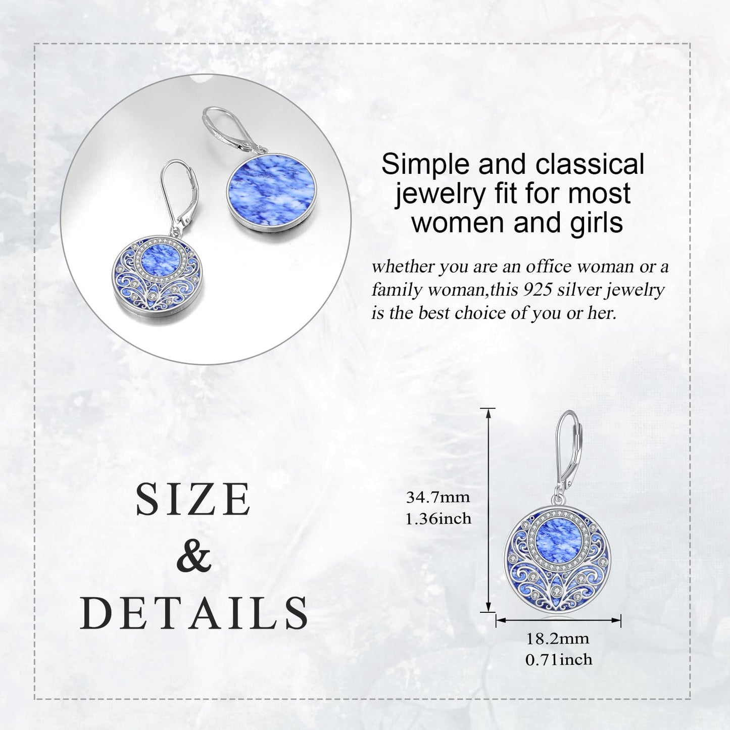 Blue Natural Stone Leverback Dangle Earrings Sterling Silver Filigree Endless Circle Drop Earrings Jewelry Gifts For Women