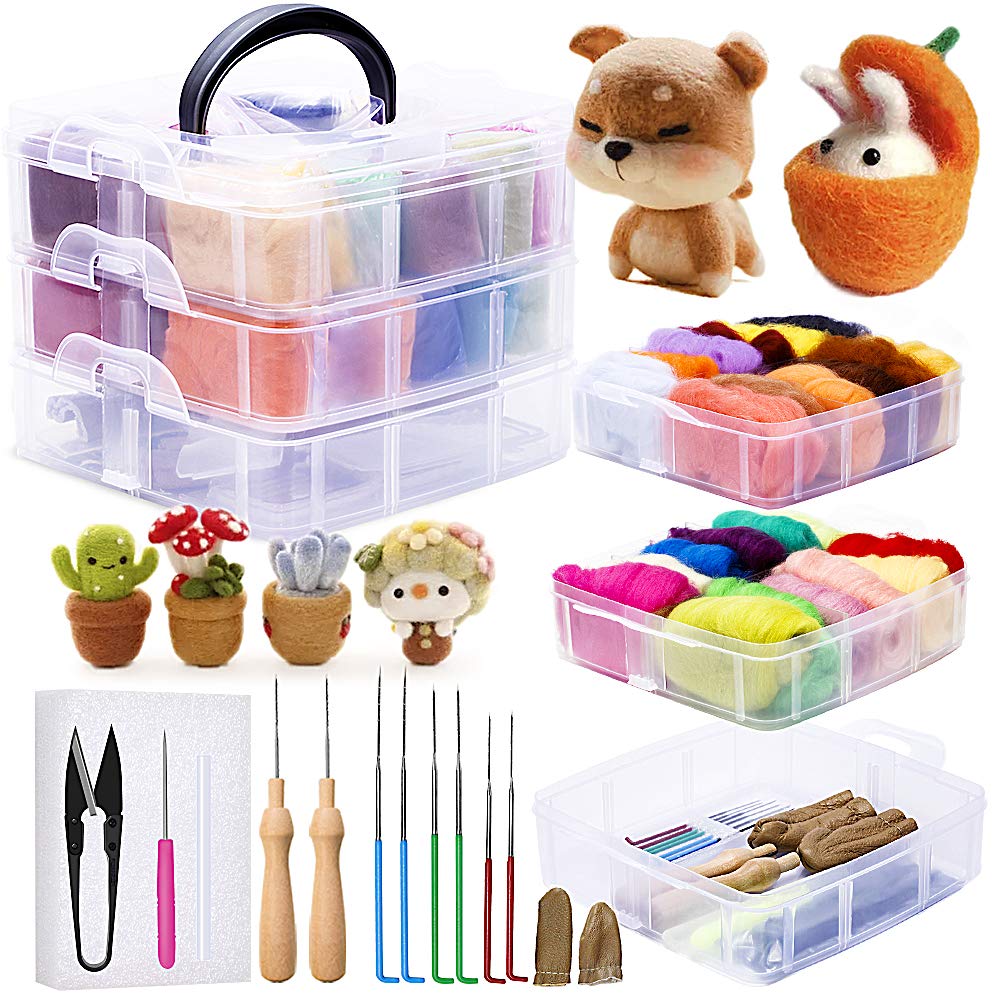 JUPEAN Needle Felting Kit, Wool Roving (5g/Color), 18 Pieces Felting Needles 6 Colors, 36 Gauge, 38 Gauge, 40gauge Felting Starter Kit with Basic Felt Tools and Supplies