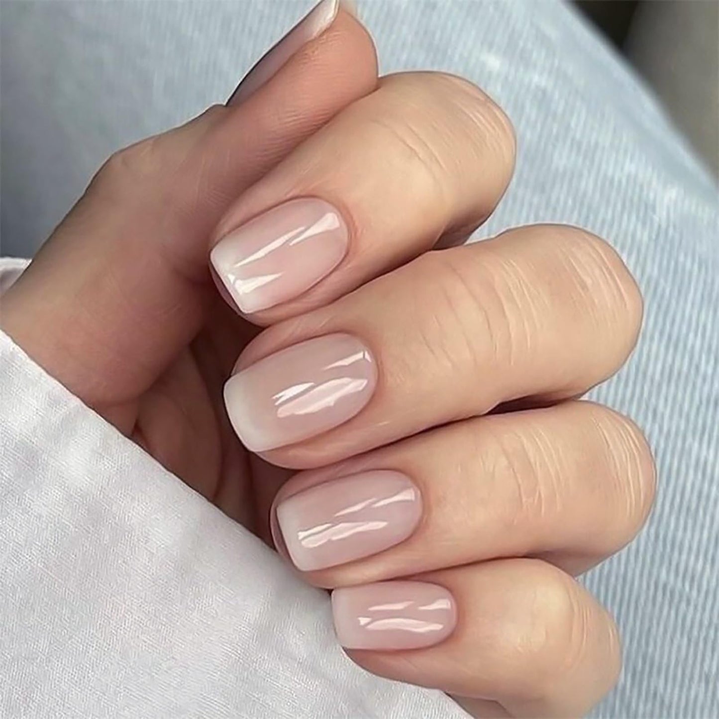 MABKJLF Ombre Press on Nails - Short Square False Nails with Pink & White Gradient Designs, Glossy Glue on Nails, 24 Pcs