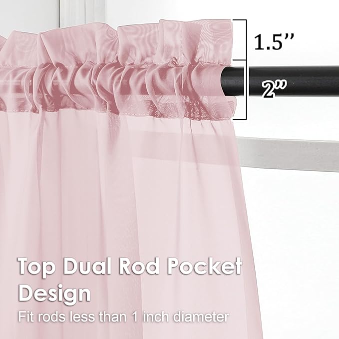 OVZME Blush Pink Sheer Valances for Windows 14 Inch Length 2 Pcs, Light Filtering Short Kitchen Curtains, Top Dual Rod Pocket Small Curtains for Living Room Bedroom Basement, Each 42Wx14L Inches