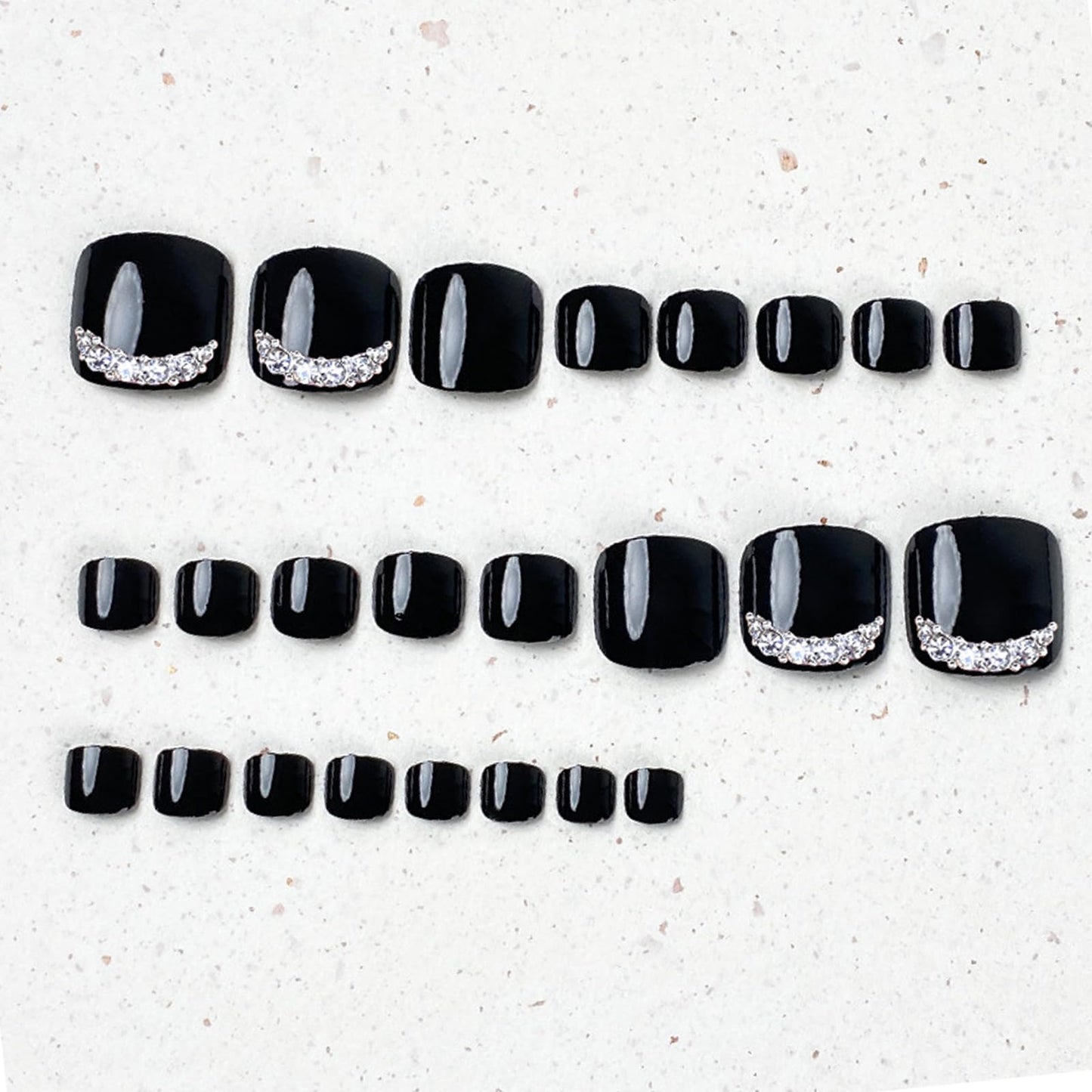 Black Press On Toenails Short Square Glossy Solid Black with Rhinestone Design Full Cover Acrylic Toe Nail for Women Girls Manicure 24 pcs