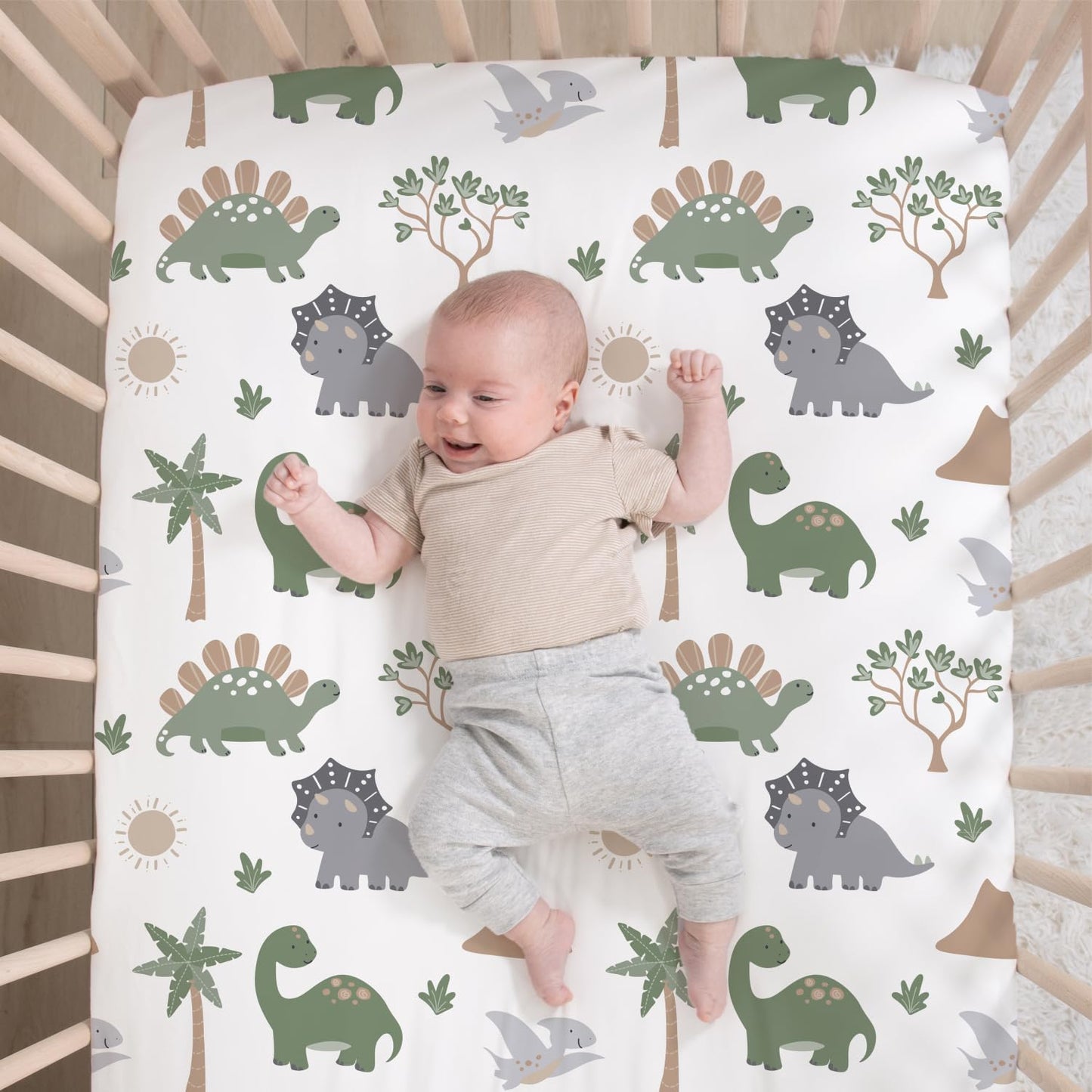 The Peanutshell 3 Piece Baby Crib Bedding Set for Boys - Newborn, Infant & Toddler Nursery Bed Set Decor with Fitted Crib Sheet, Dust Ruffle Comforter - Dinosaur Dreams