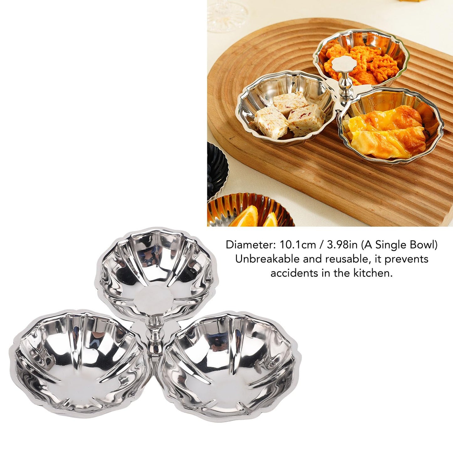 Nurnesy Stainless Steel 3 In 1 Serving Plate with Fruit Bowl, Snack Plate for Home Kitchen Party, Reusable Dessert Plates for Quick Cleanup, Ideal Present for Housewarming Parties