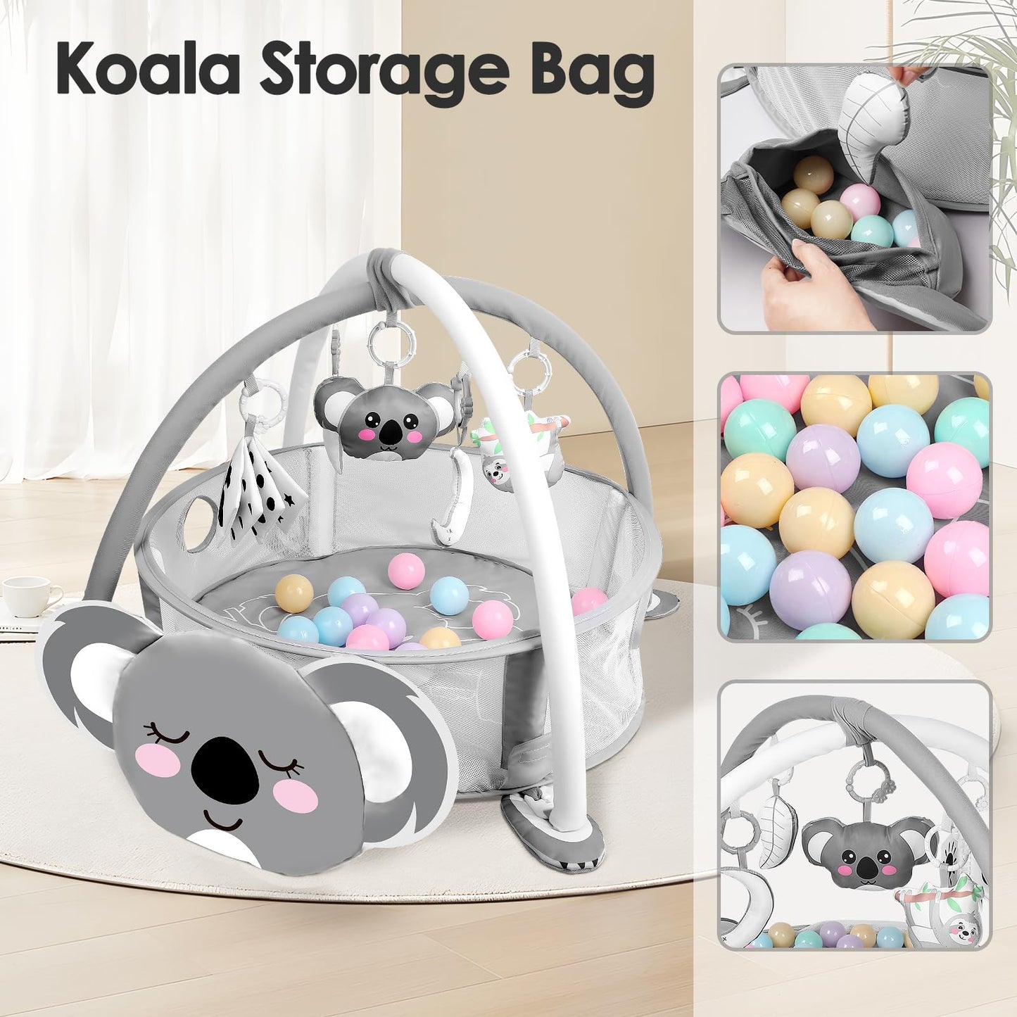 dearlomum 4-in-1 Baby Play Mat Baby Gym, Interactive Including 30 Balls with 5 Learning Toys for Newborn Toddler(Koala)