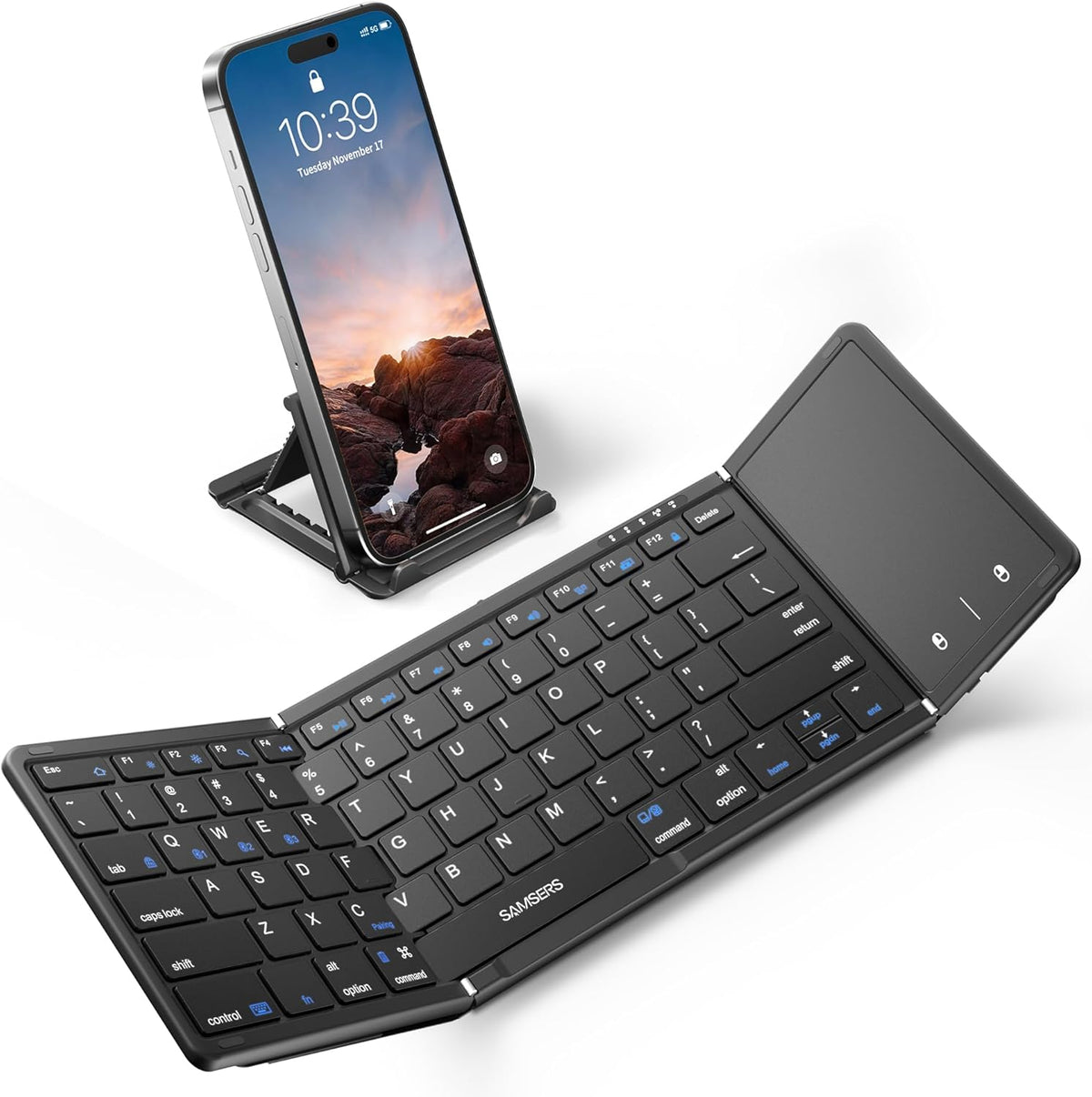 Samsers Foldable Bluetooth Keyboard with Touchpad, Full-Size Wireless Folding Portable Travel Keyboard for iOS Android Windows Mac OS, Support 3 Devices (BT5.1 x 3), Black